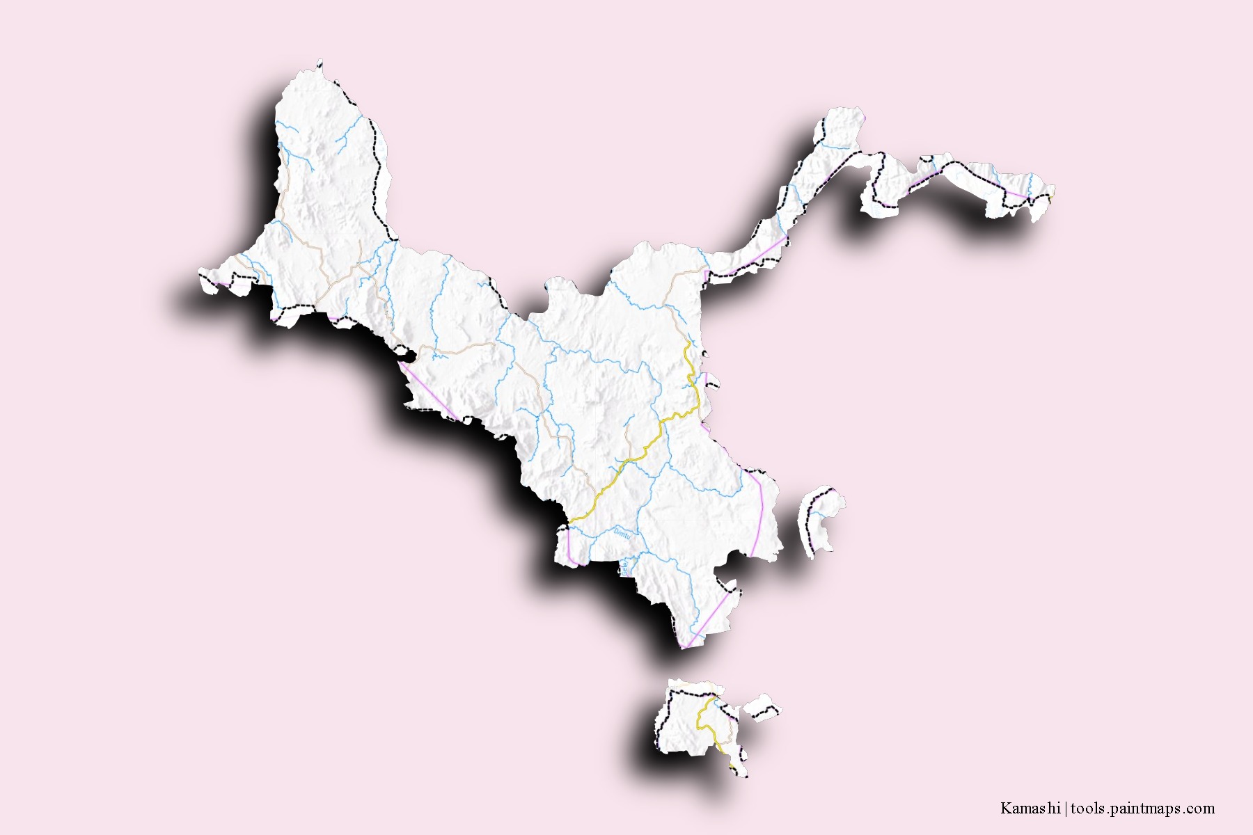 Mapa de barrios y pueblos de Kamashi con efecto de sombra 3D