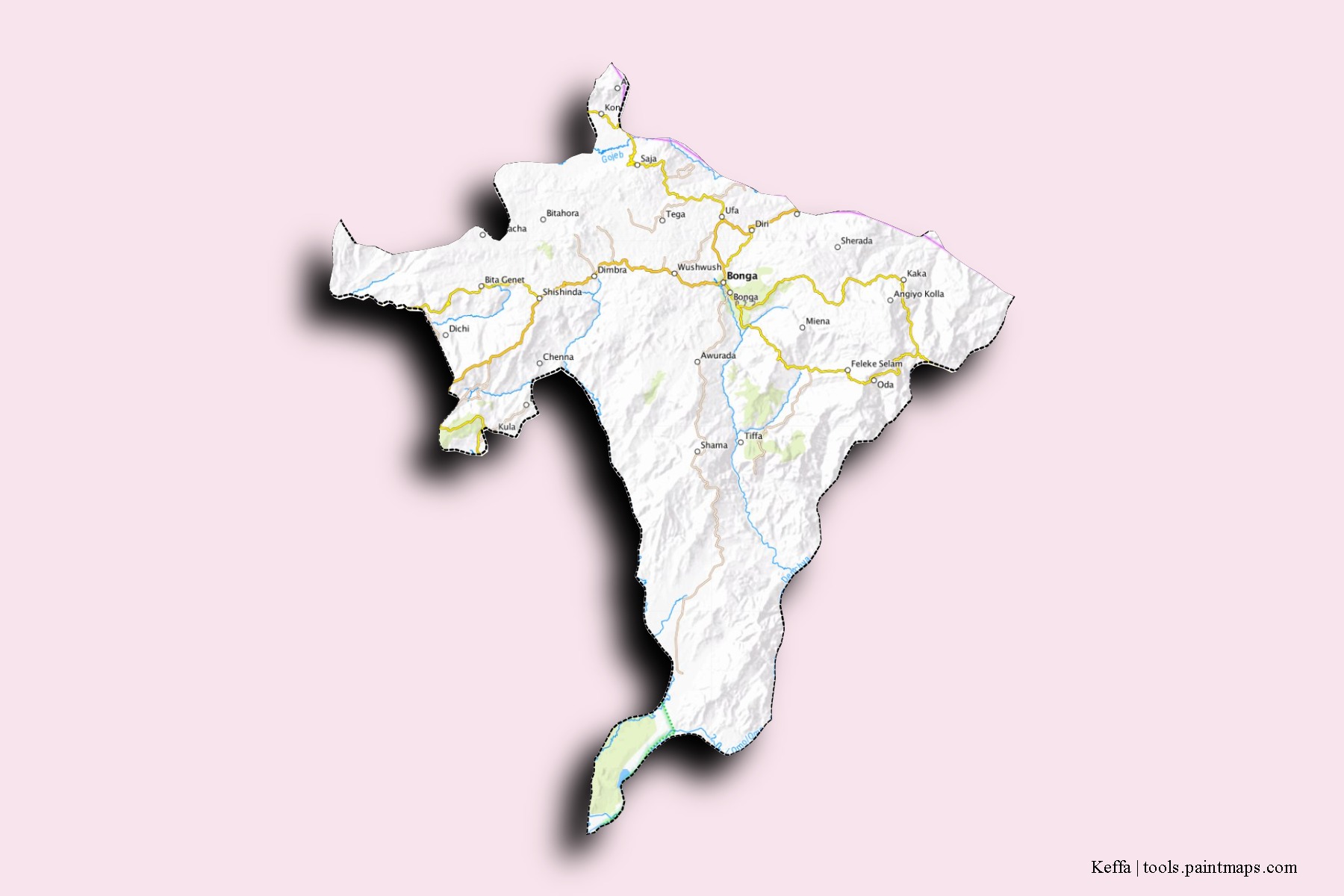 Mapa de barrios y pueblos de Keffa con efecto de sombra 3D