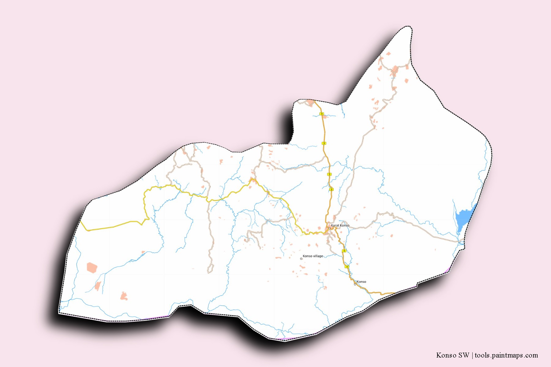 Mapa de barrios y pueblos de Konso SW con efecto de sombra 3D