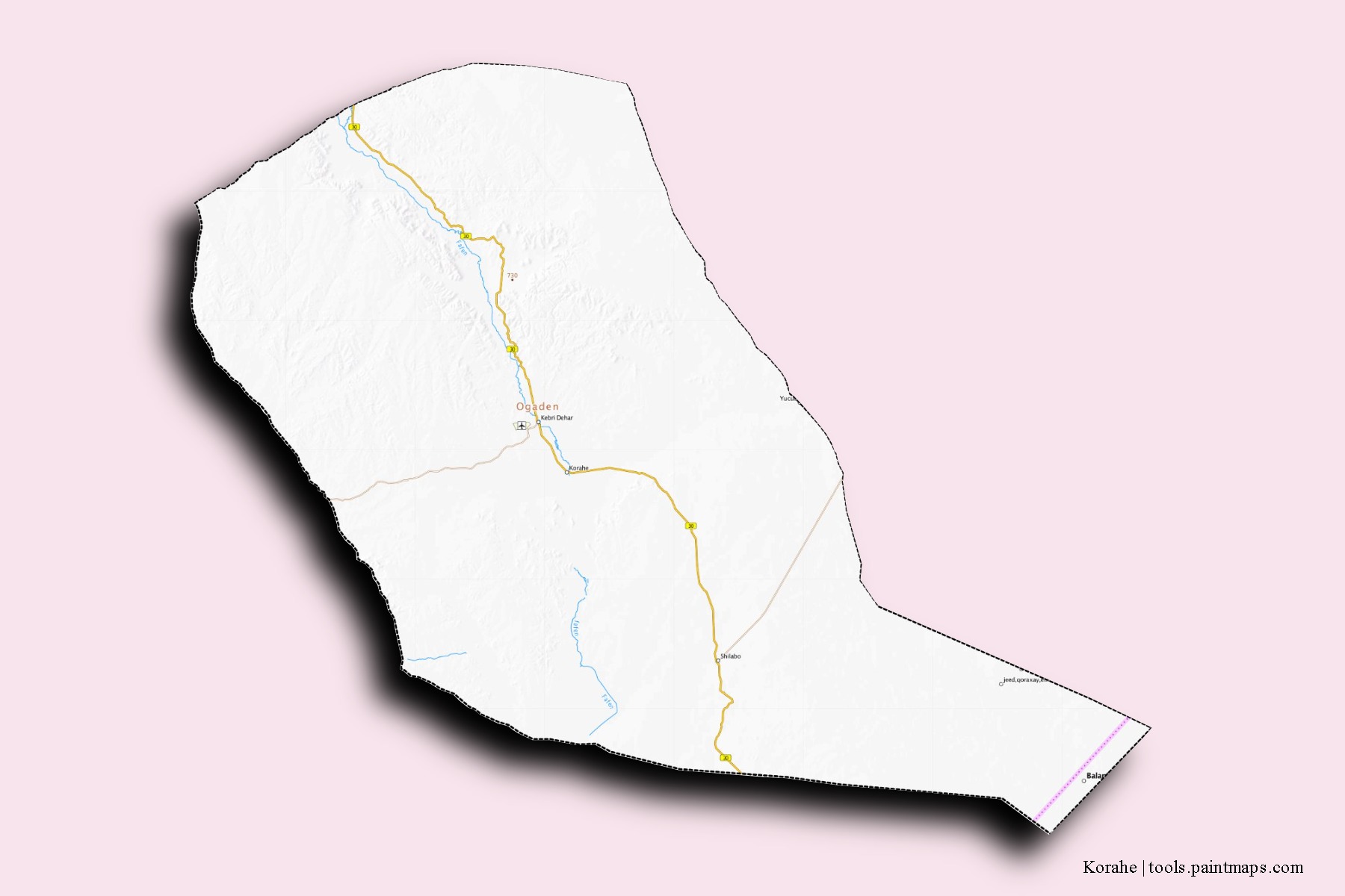 Mapa de barrios y pueblos de Korahe con efecto de sombra 3D