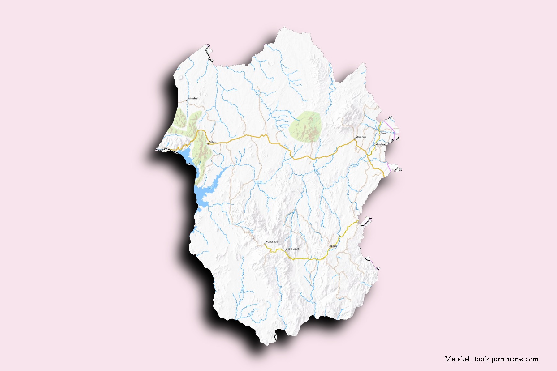 Mapa de barrios y pueblos de Metekel con efecto de sombra 3D