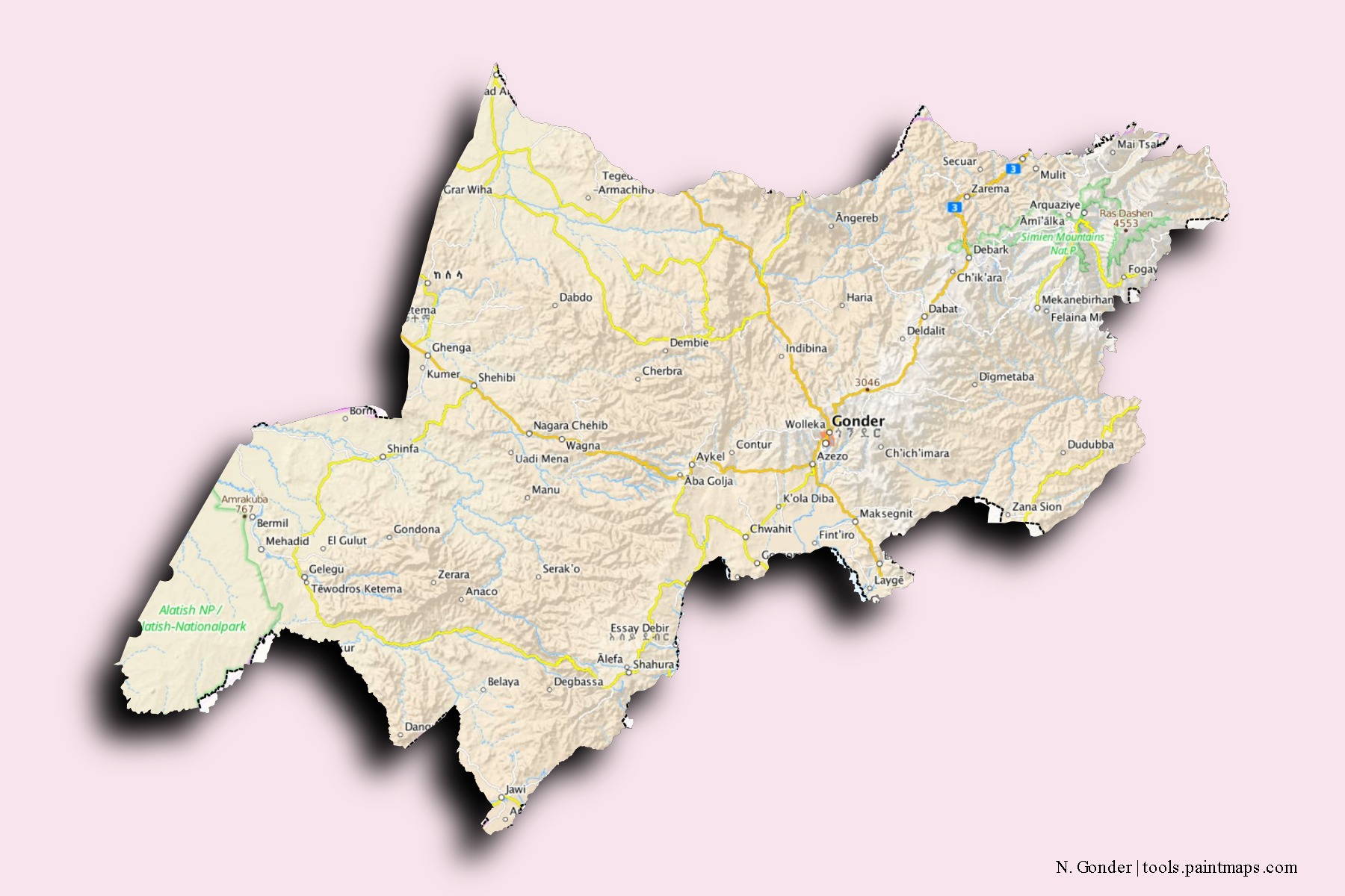 Mapa de barrios y pueblos de N. Gonder con efecto de sombra 3D