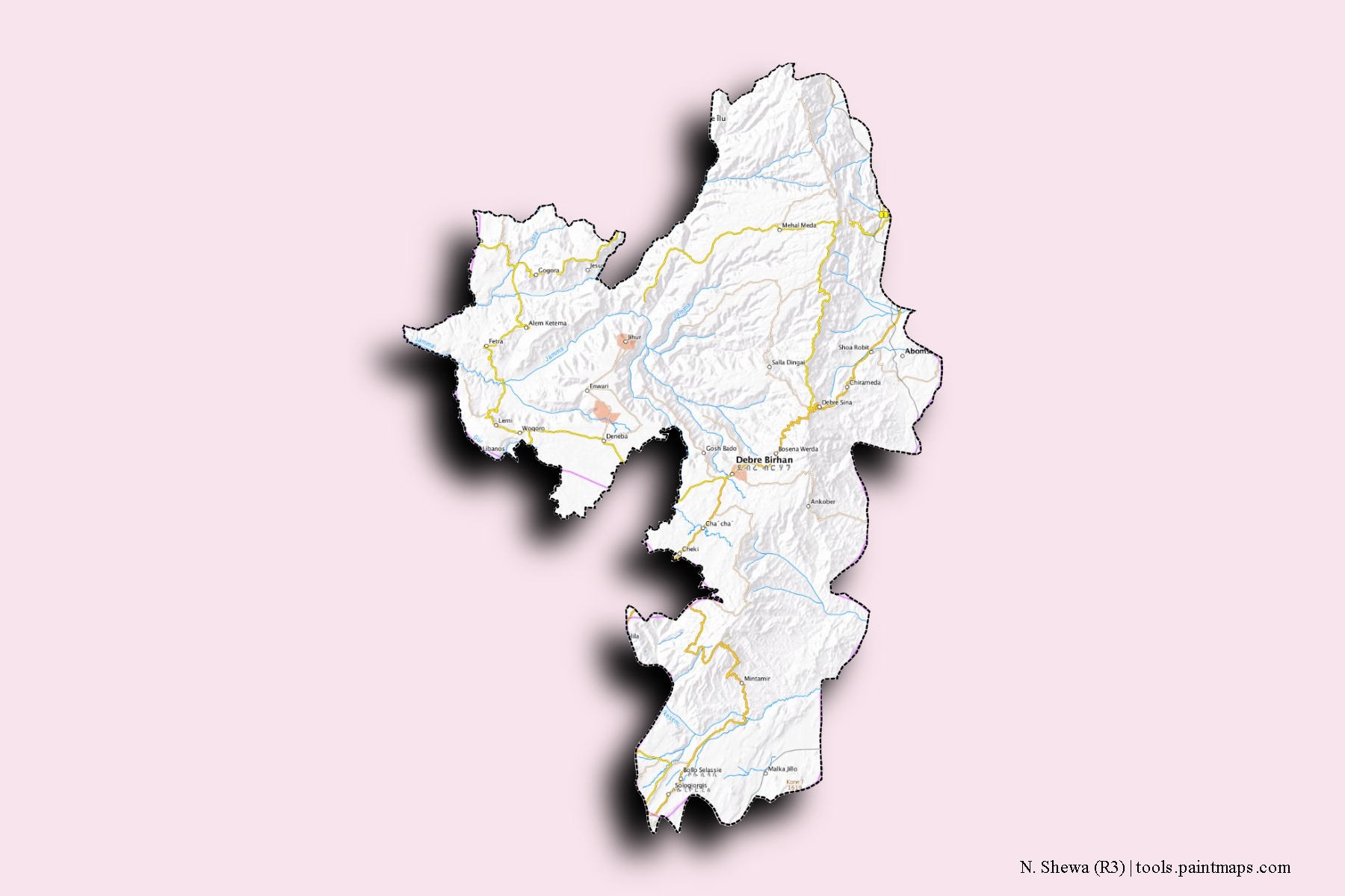 N. Shewa (R3) neighborhoods and villages map with 3D shadow effect