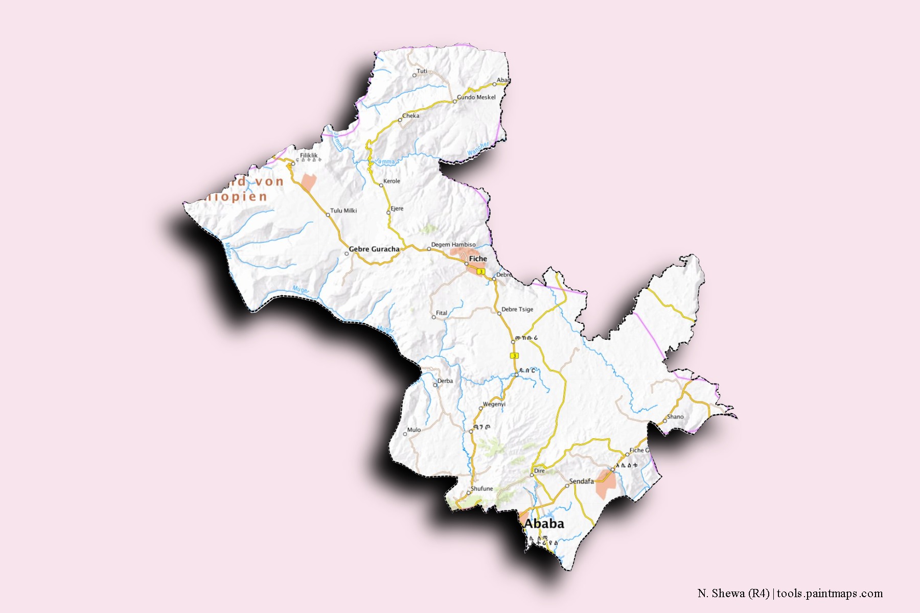 Mapa de barrios y pueblos de N. Shewa (R4) con efecto de sombra 3D