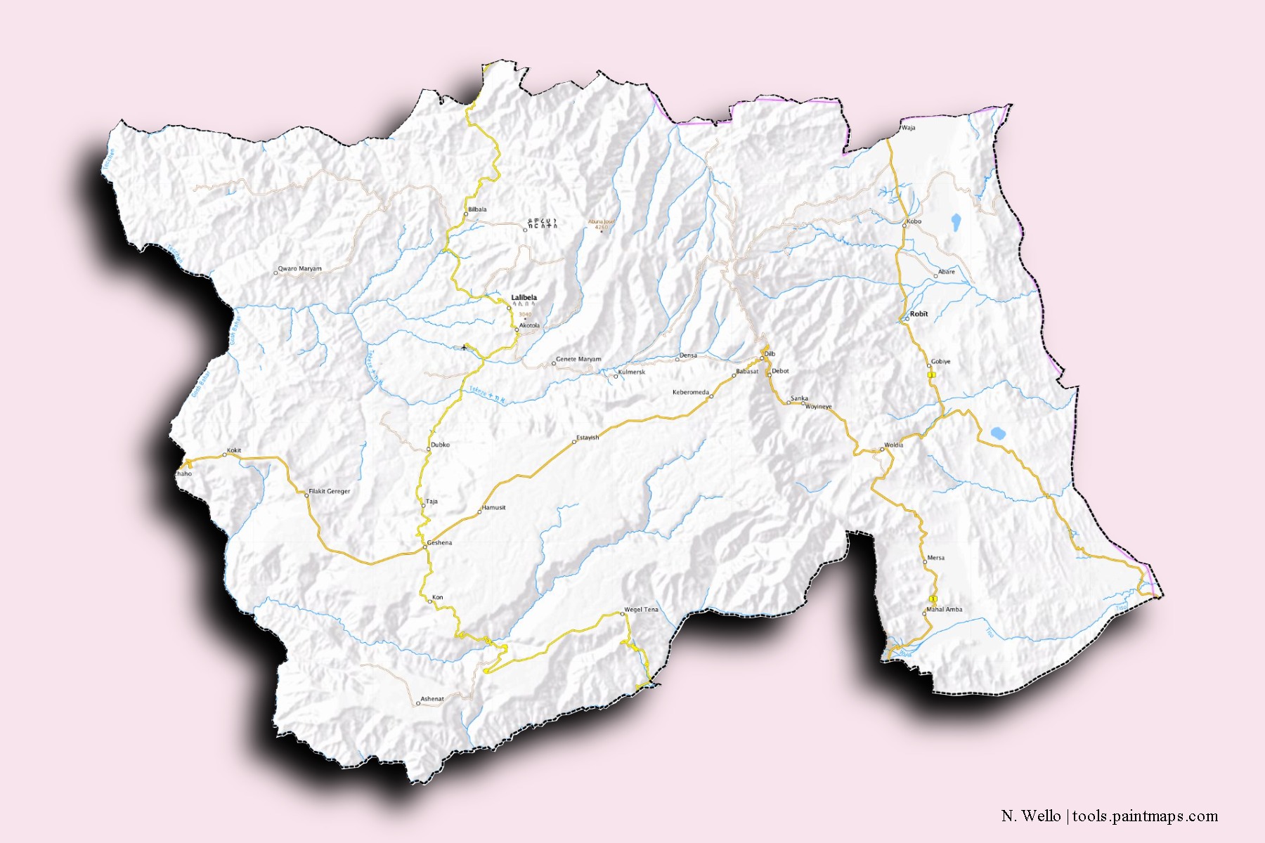 Mapa de barrios y pueblos de N. Wello con efecto de sombra 3D