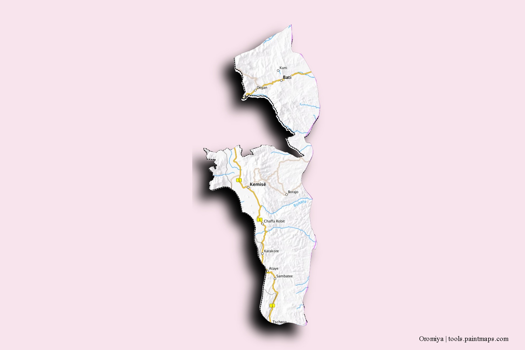 Mapa de barrios y pueblos de Oromiya con efecto de sombra 3D