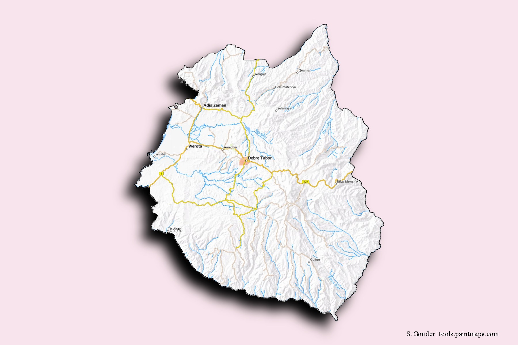 Mapa de barrios y pueblos de S. Gonder con efecto de sombra 3D