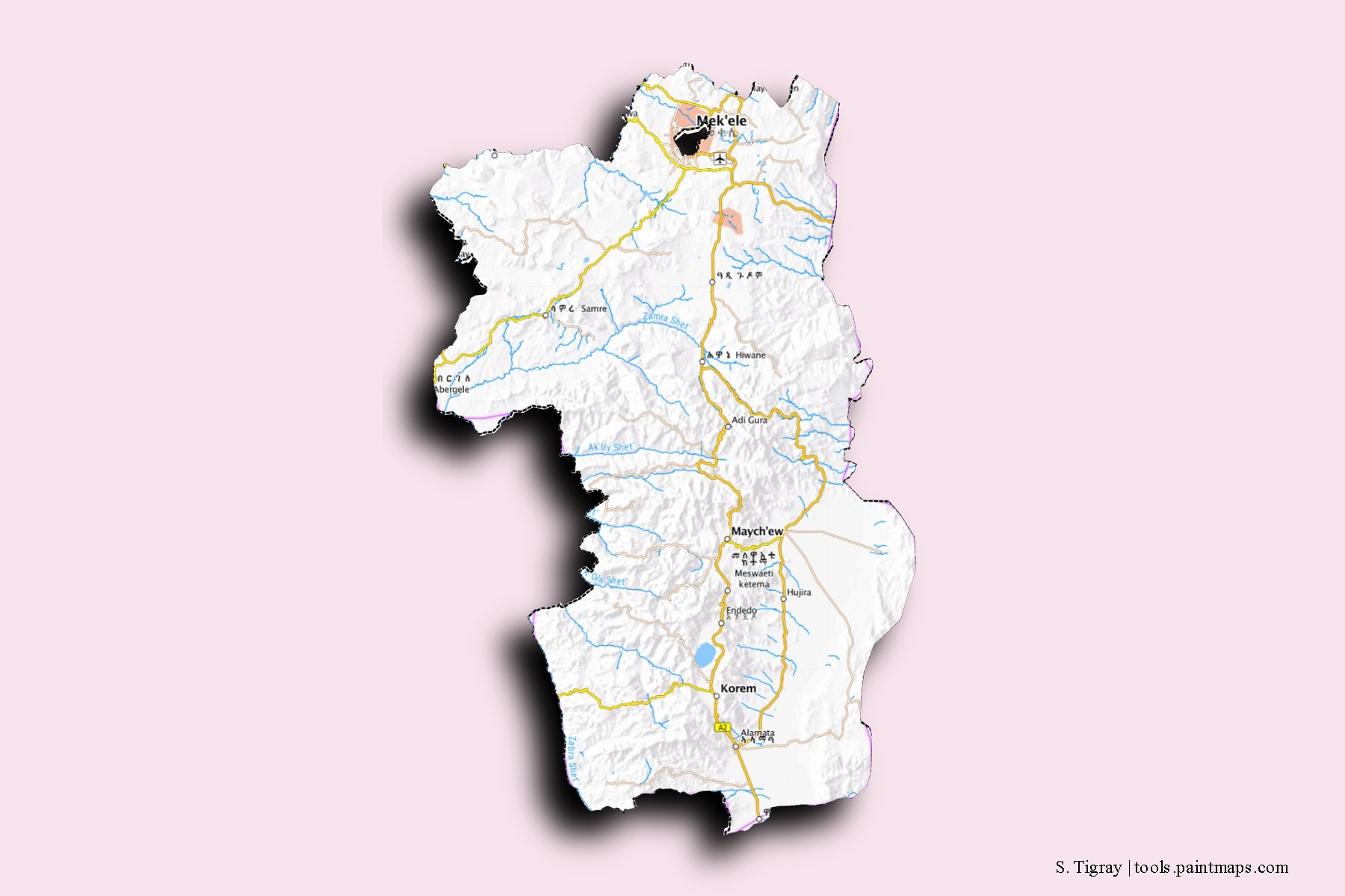 Mapa de barrios y pueblos de S. Tigray con efecto de sombra 3D