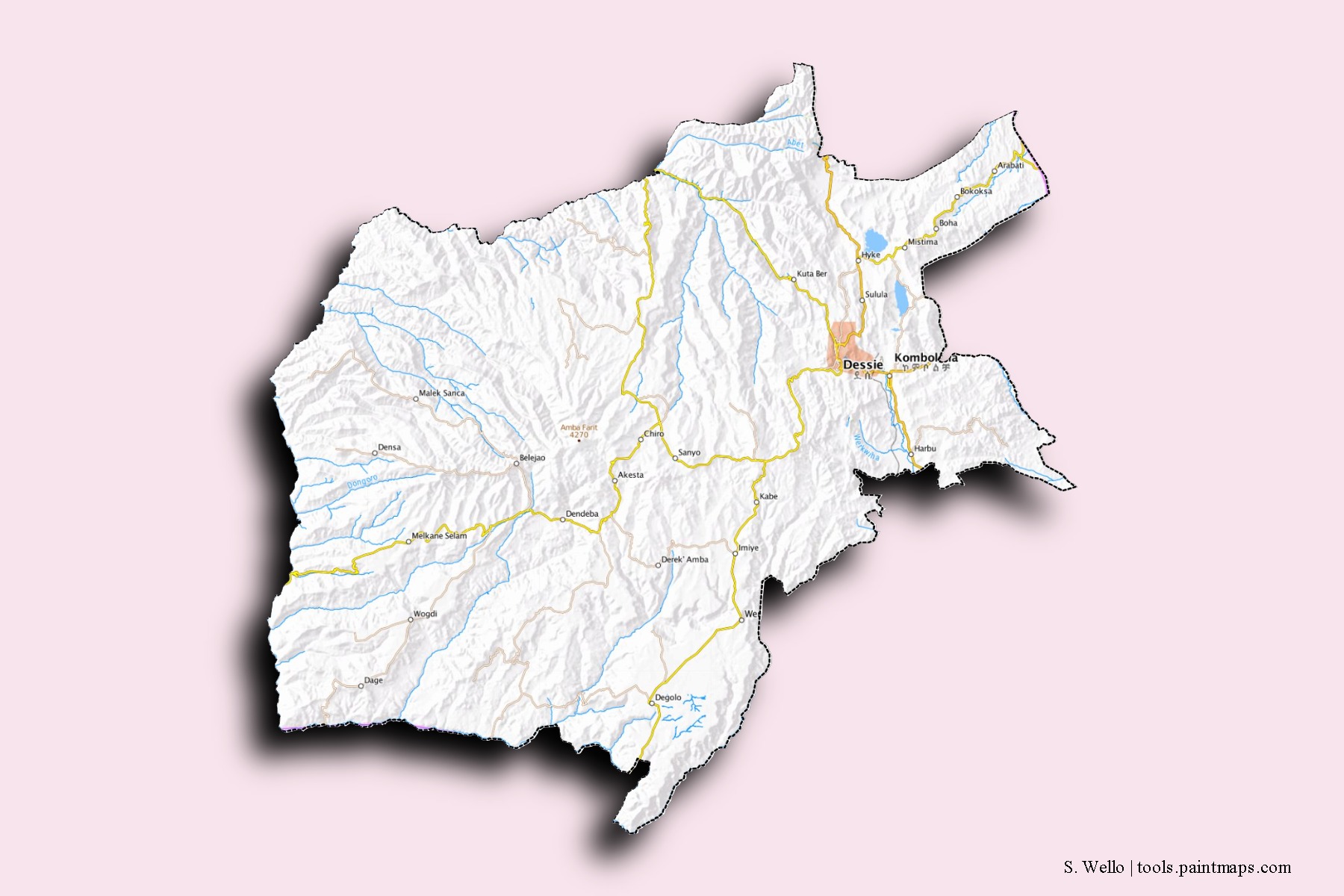 Mapa de barrios y pueblos de S. Wello con efecto de sombra 3D