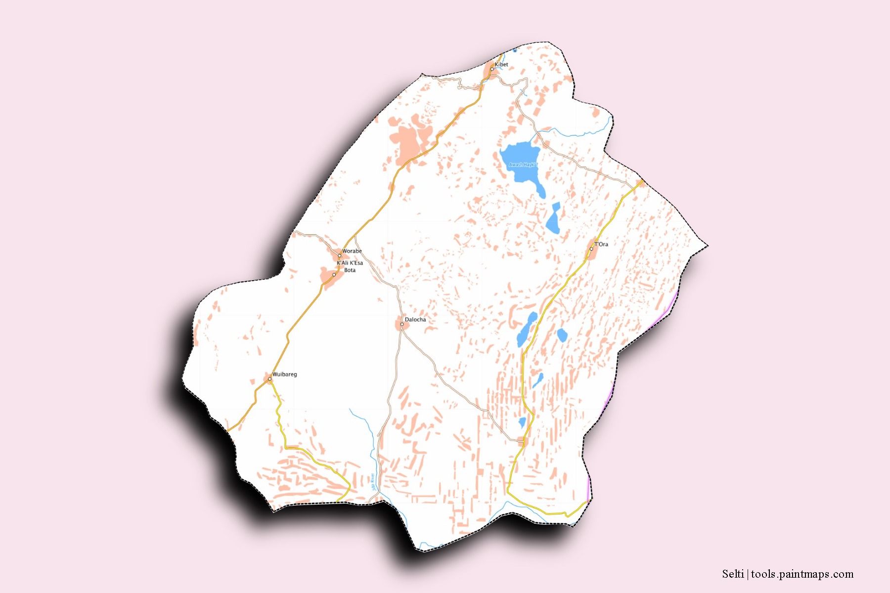 Mapa de barrios y pueblos de Selti con efecto de sombra 3D