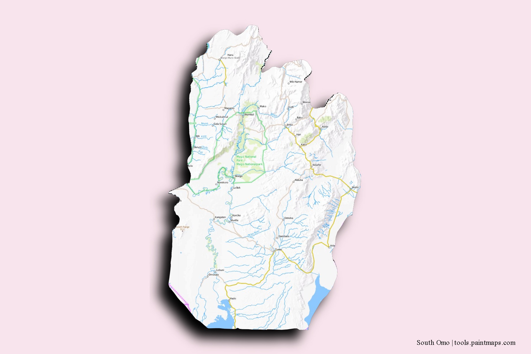 Mapa de barrios y pueblos de South Omo con efecto de sombra 3D