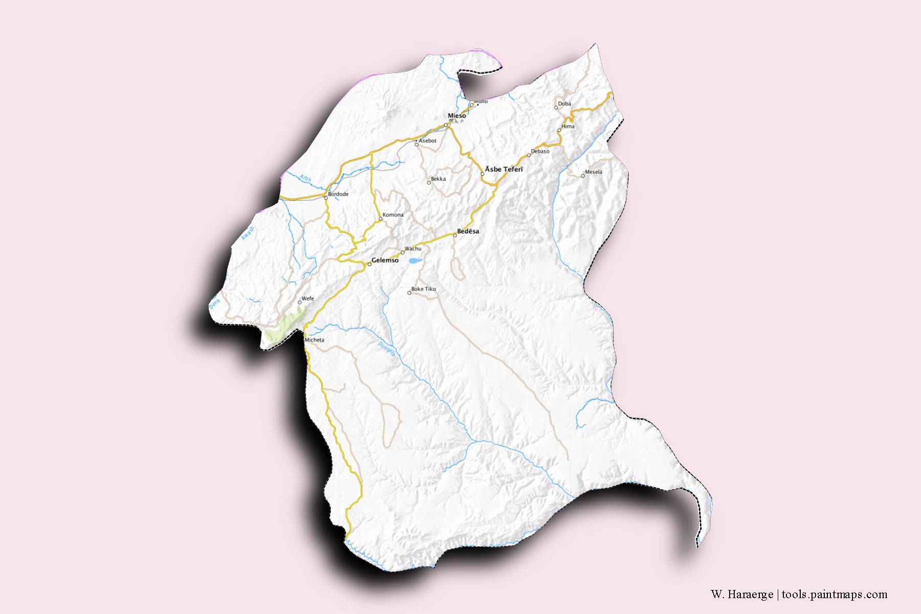 Mapa de barrios y pueblos de W. Haraerge con efecto de sombra 3D