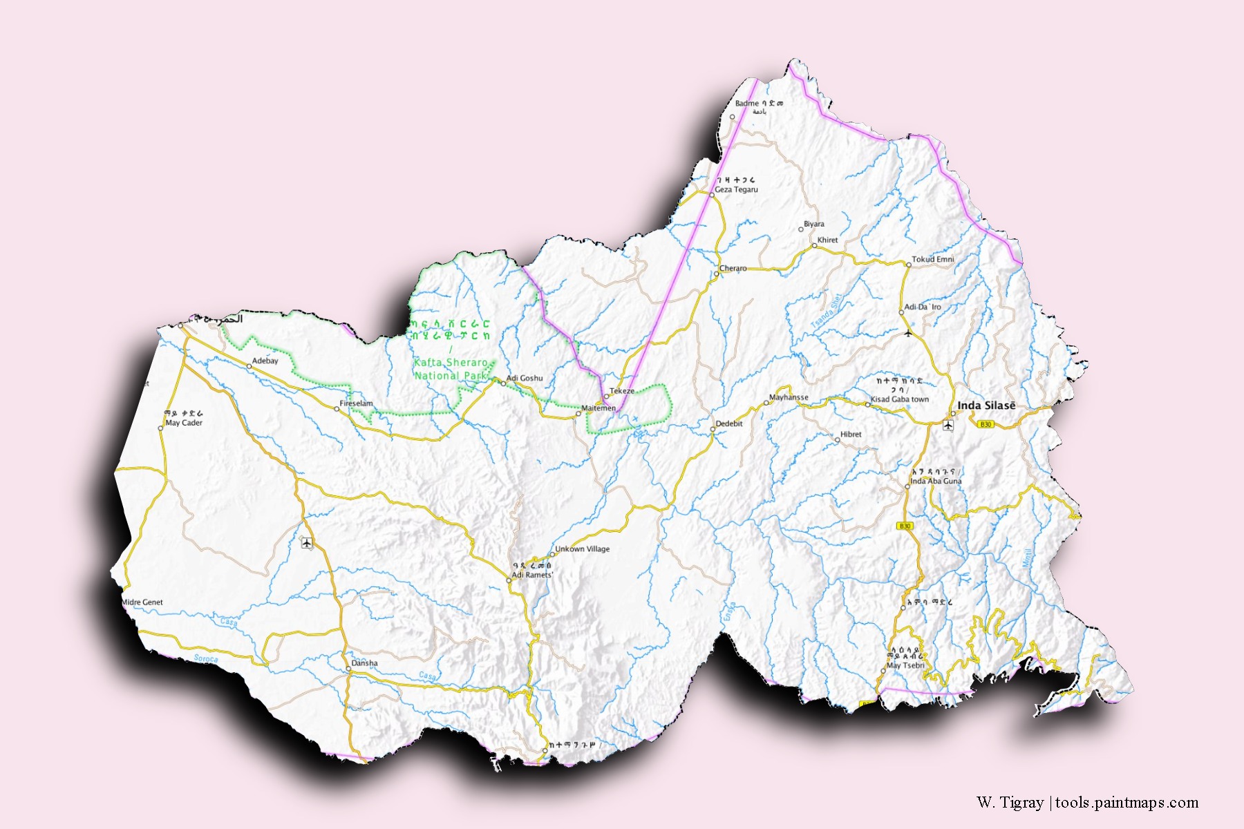 Mapa de barrios y pueblos de W. Tigray con efecto de sombra 3D