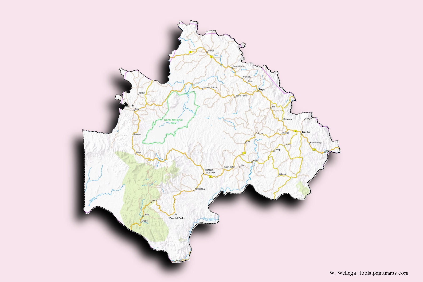 Mapa de barrios y pueblos de W. Wellega con efecto de sombra 3D