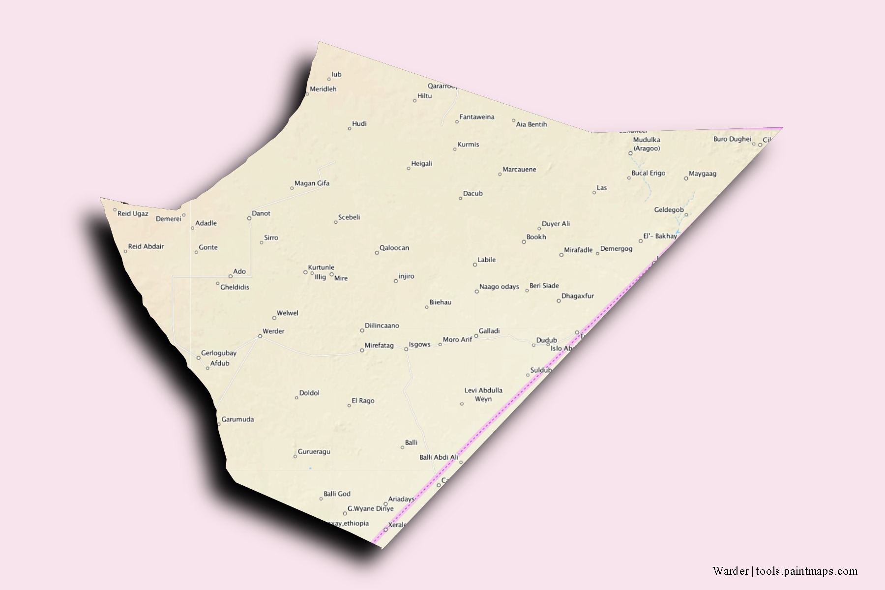 Mapa de barrios y pueblos de Warder con efecto de sombra 3D