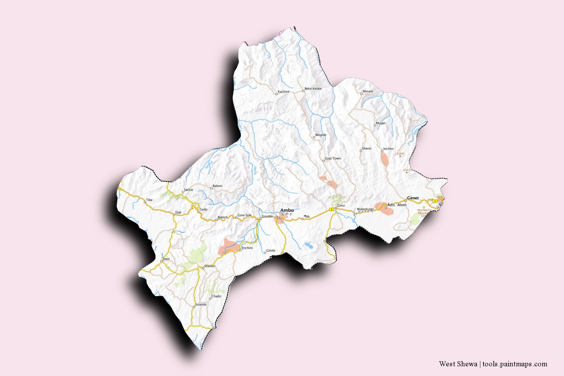 Mapa de barrios y pueblos de West Shewa con efecto de sombra 3D