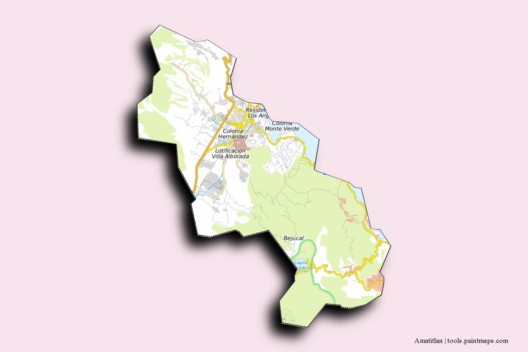 Amatitlán neighborhoods and villages map with 3D shadow effect