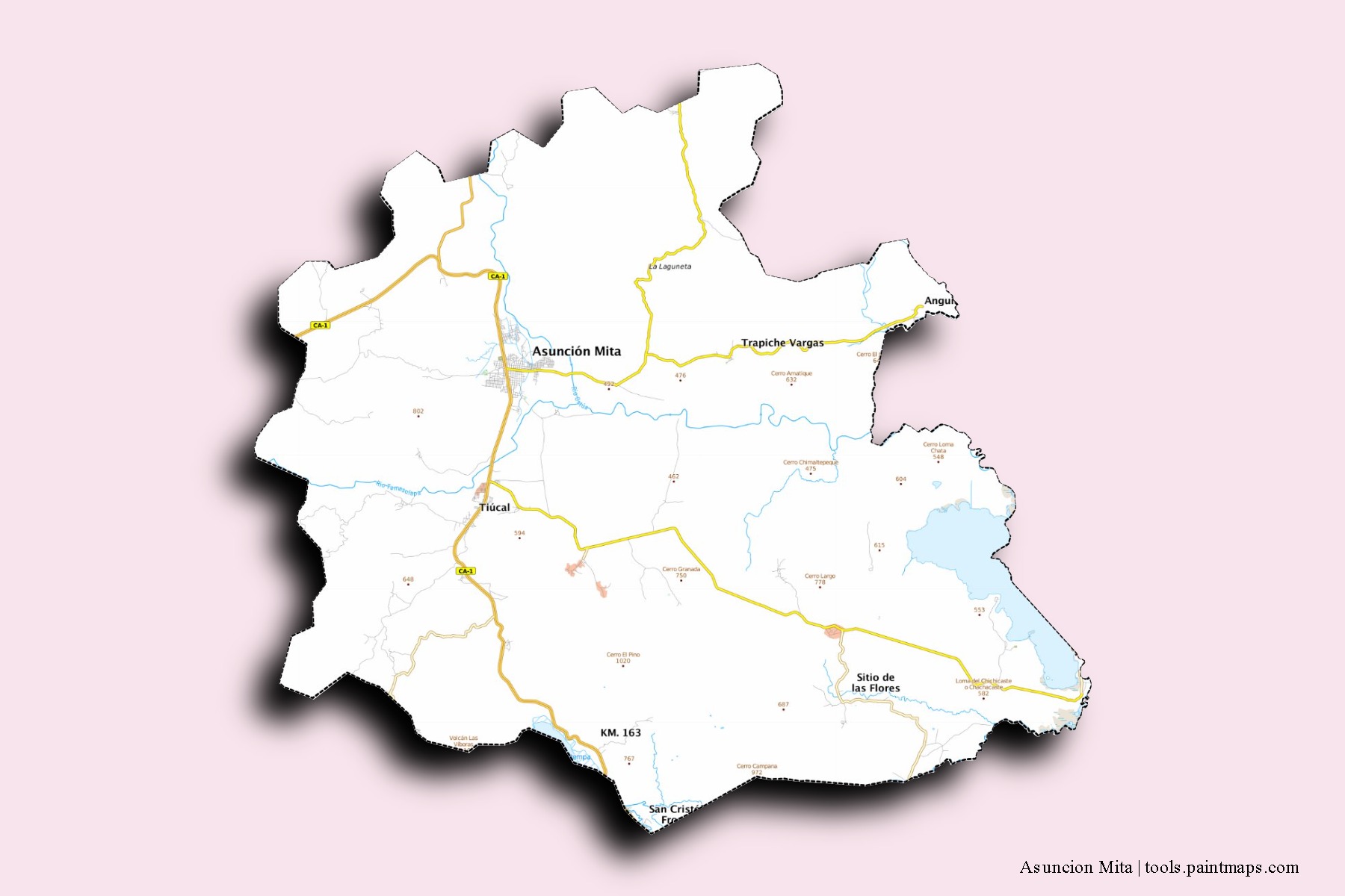 Mapa de barrios y pueblos de Asuncion Mita con efecto de sombra 3D