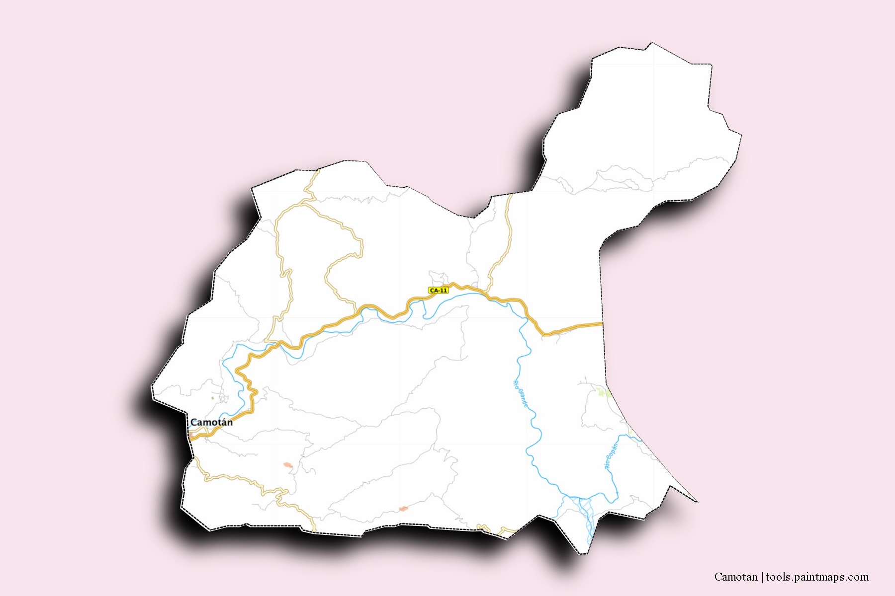 Mapa de barrios y pueblos de Camotan con efecto de sombra 3D