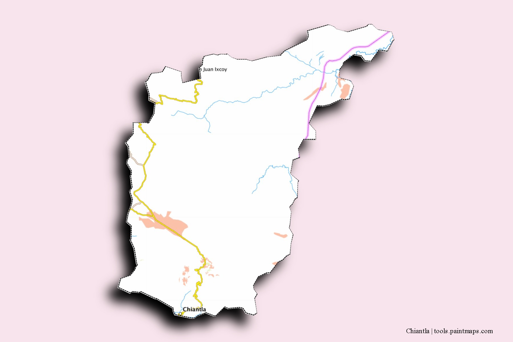 Mapa de barrios y pueblos de Chiantla con efecto de sombra 3D