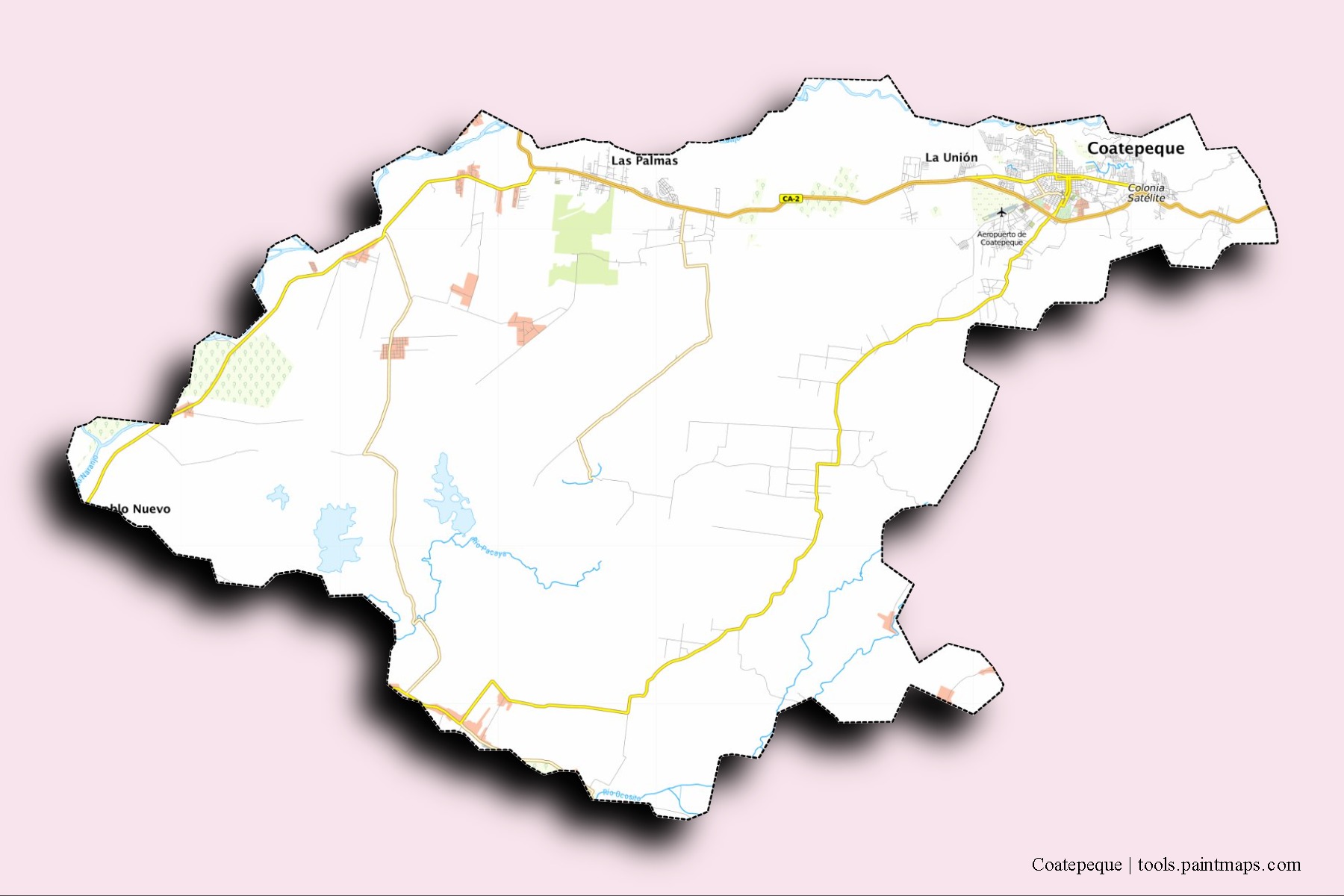 Coatepeque neighborhoods and villages map with 3D shadow effect