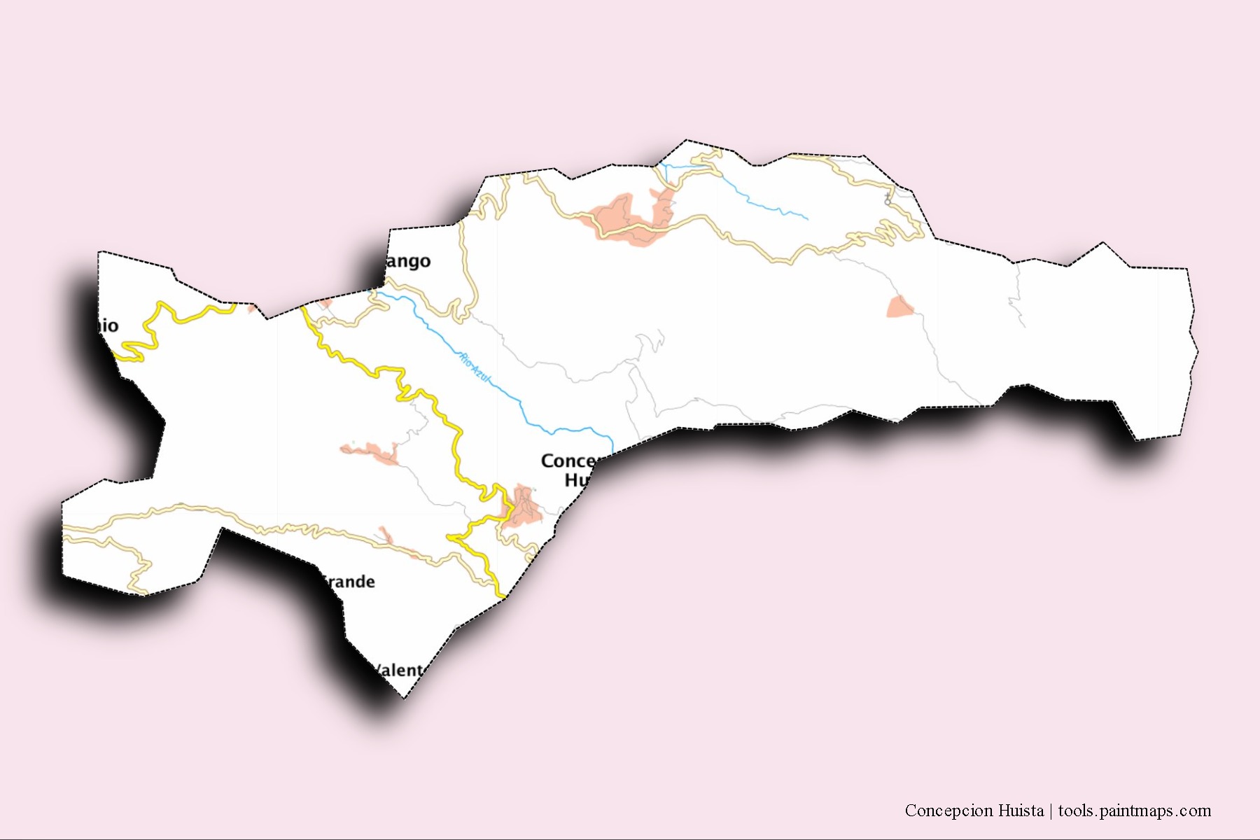 Mapa de barrios y pueblos de Concepcion Huista con efecto de sombra 3D