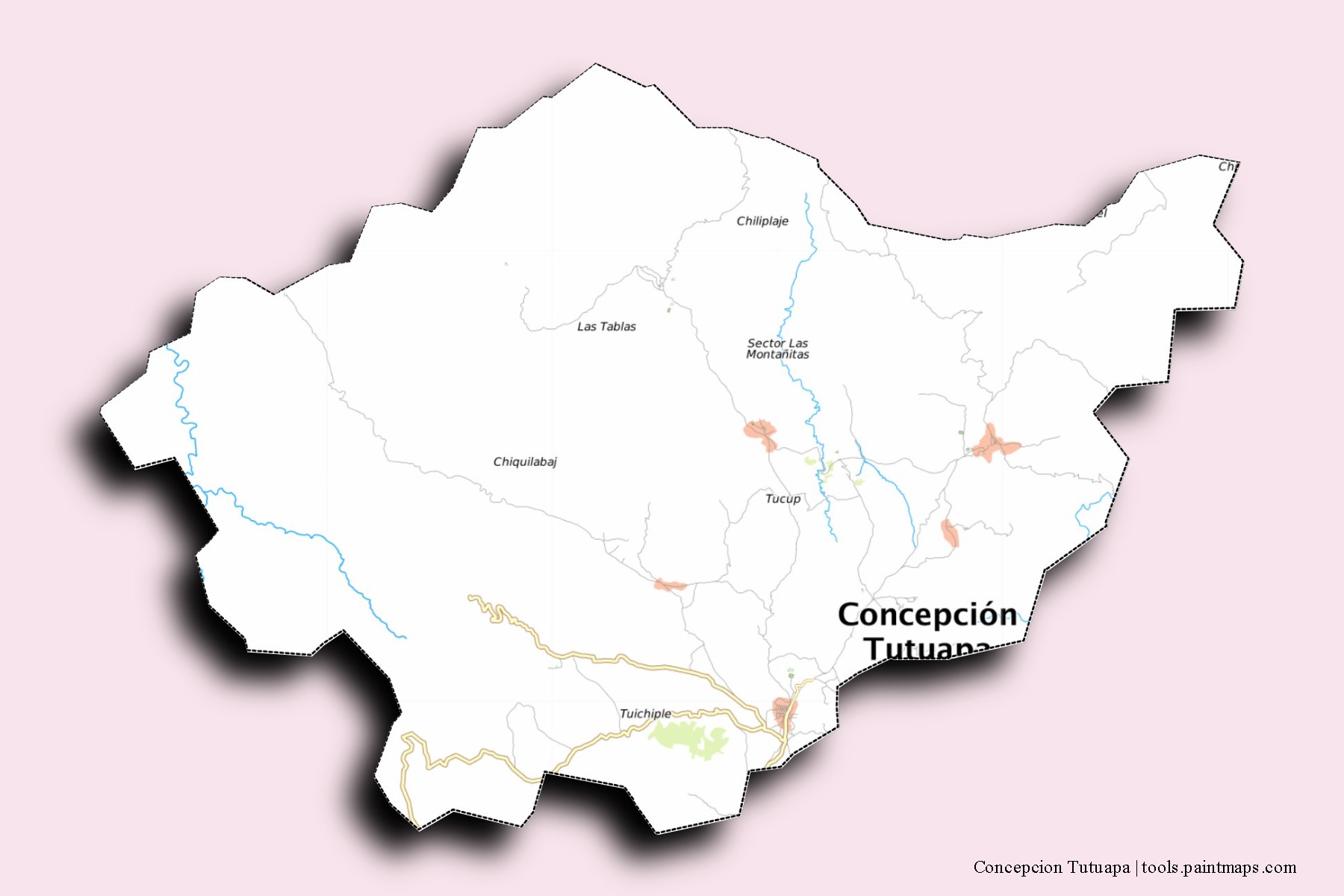 Mapa de barrios y pueblos de Concepcion Tutuapa con efecto de sombra 3D