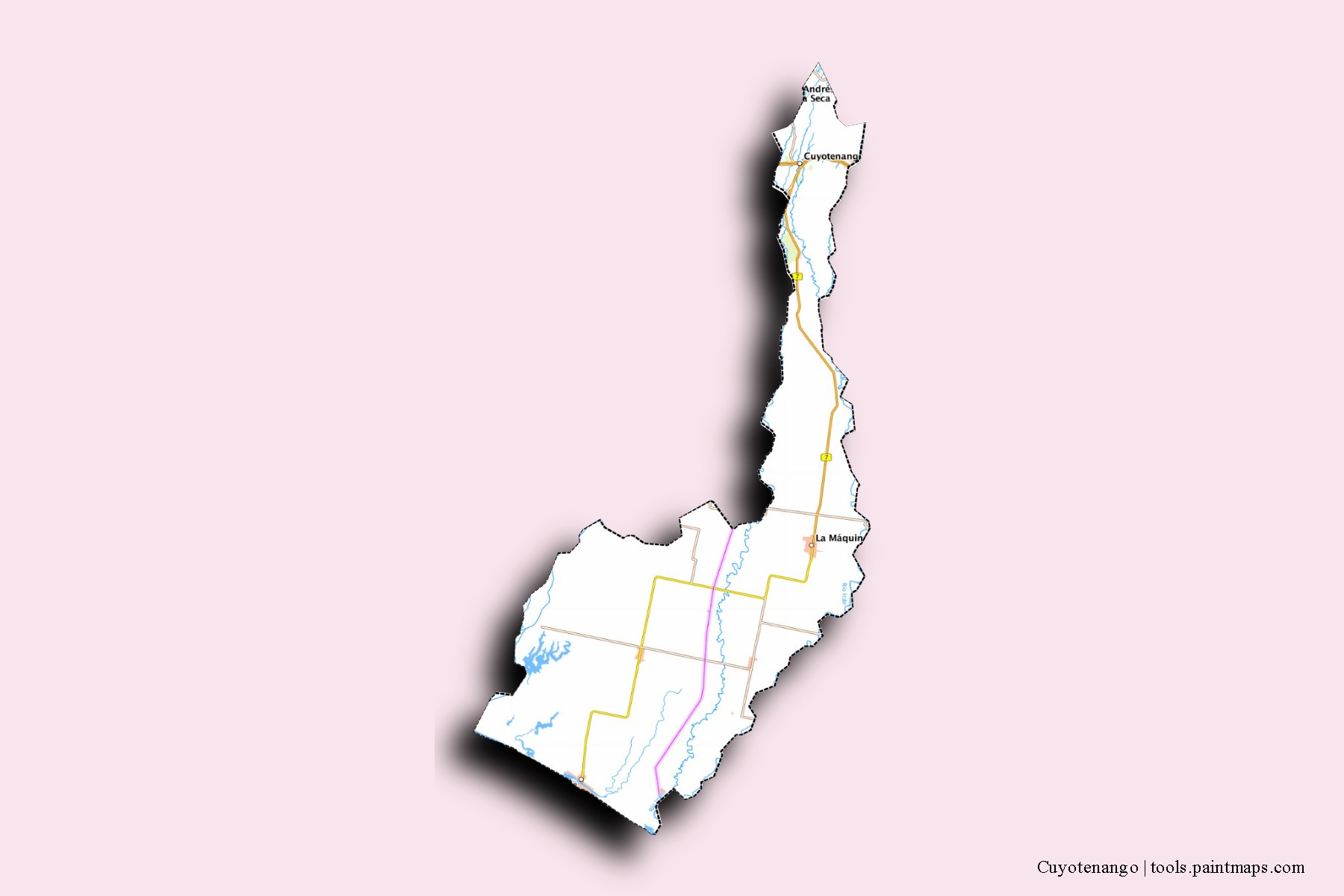 Mapa de barrios y pueblos de Cuyotenango con efecto de sombra 3D