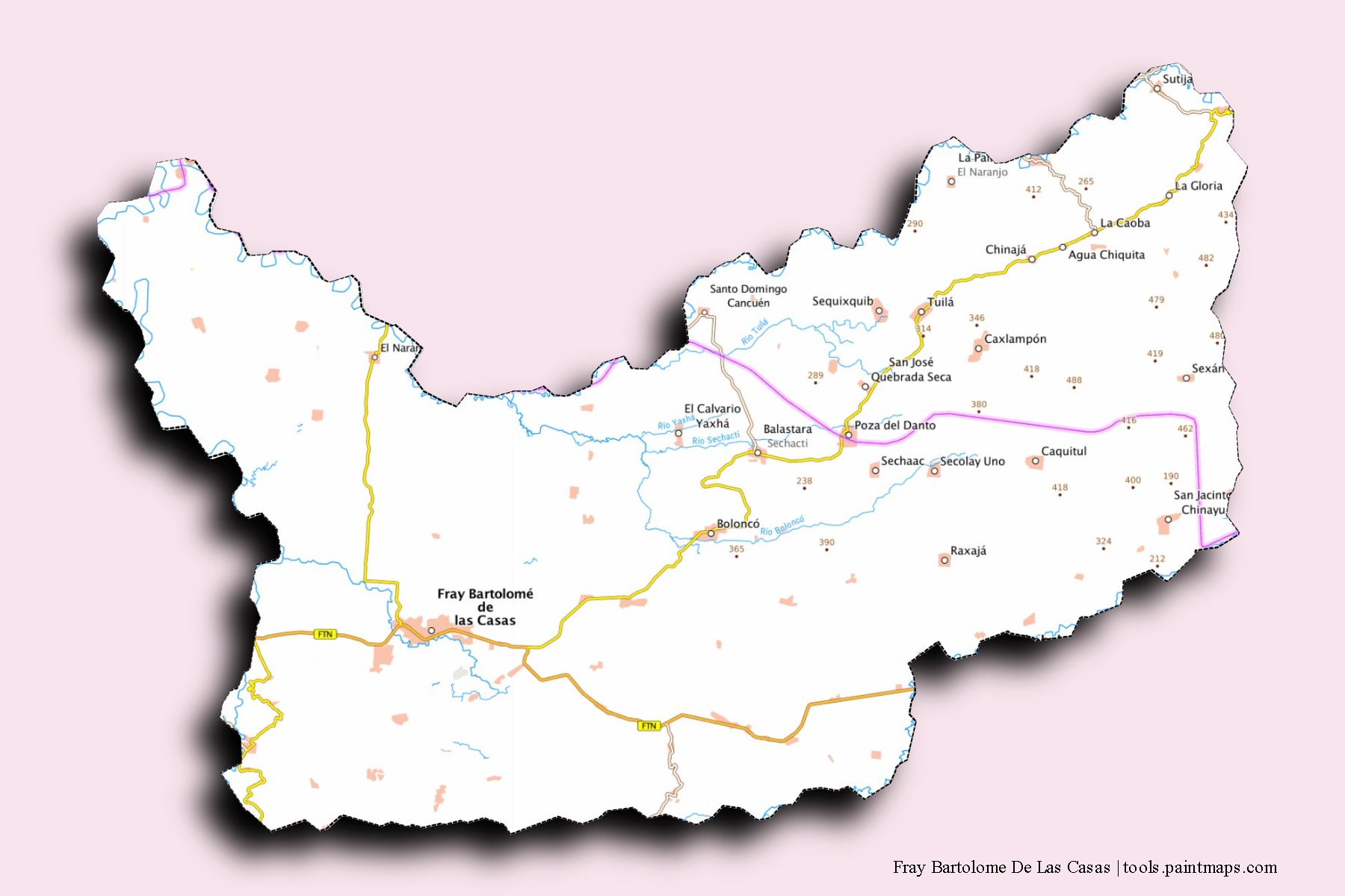 Mapa de barrios y pueblos de Fray Bartolome De Las Casas con efecto de sombra 3D