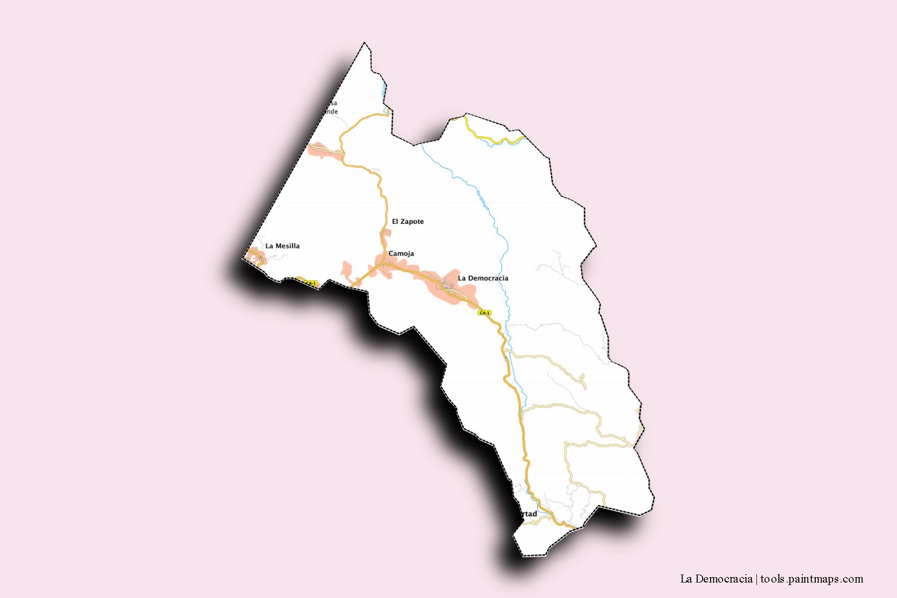 La Democracia neighborhoods and villages map with 3D shadow effect