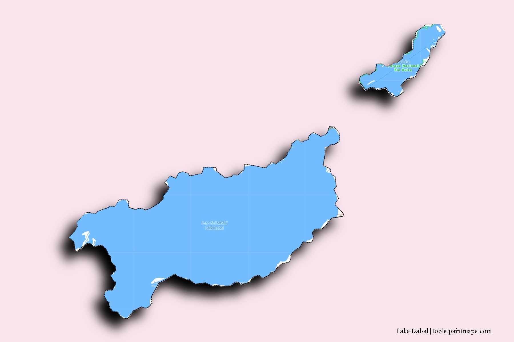 Mapa de barrios y pueblos de Lake Izabal con efecto de sombra 3D