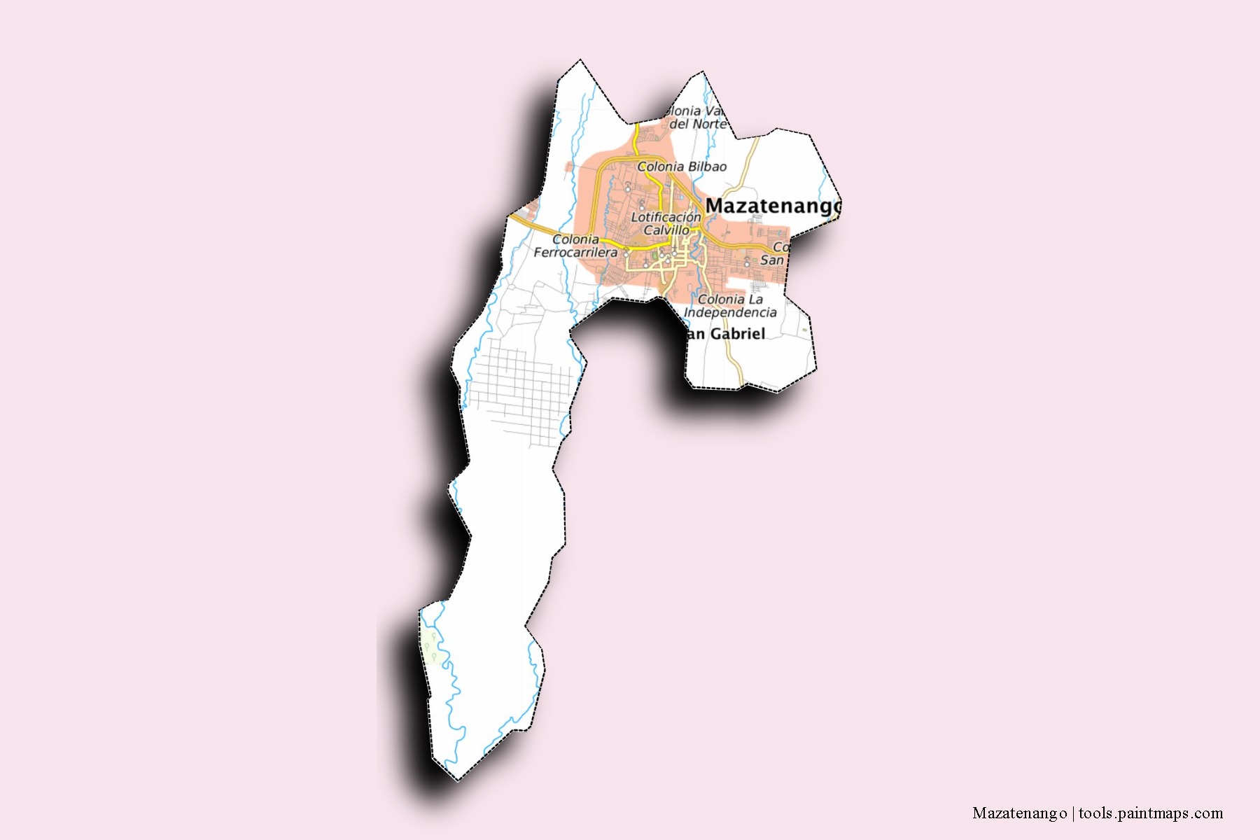 Mapa de barrios y pueblos de Mazatenango con efecto de sombra 3D