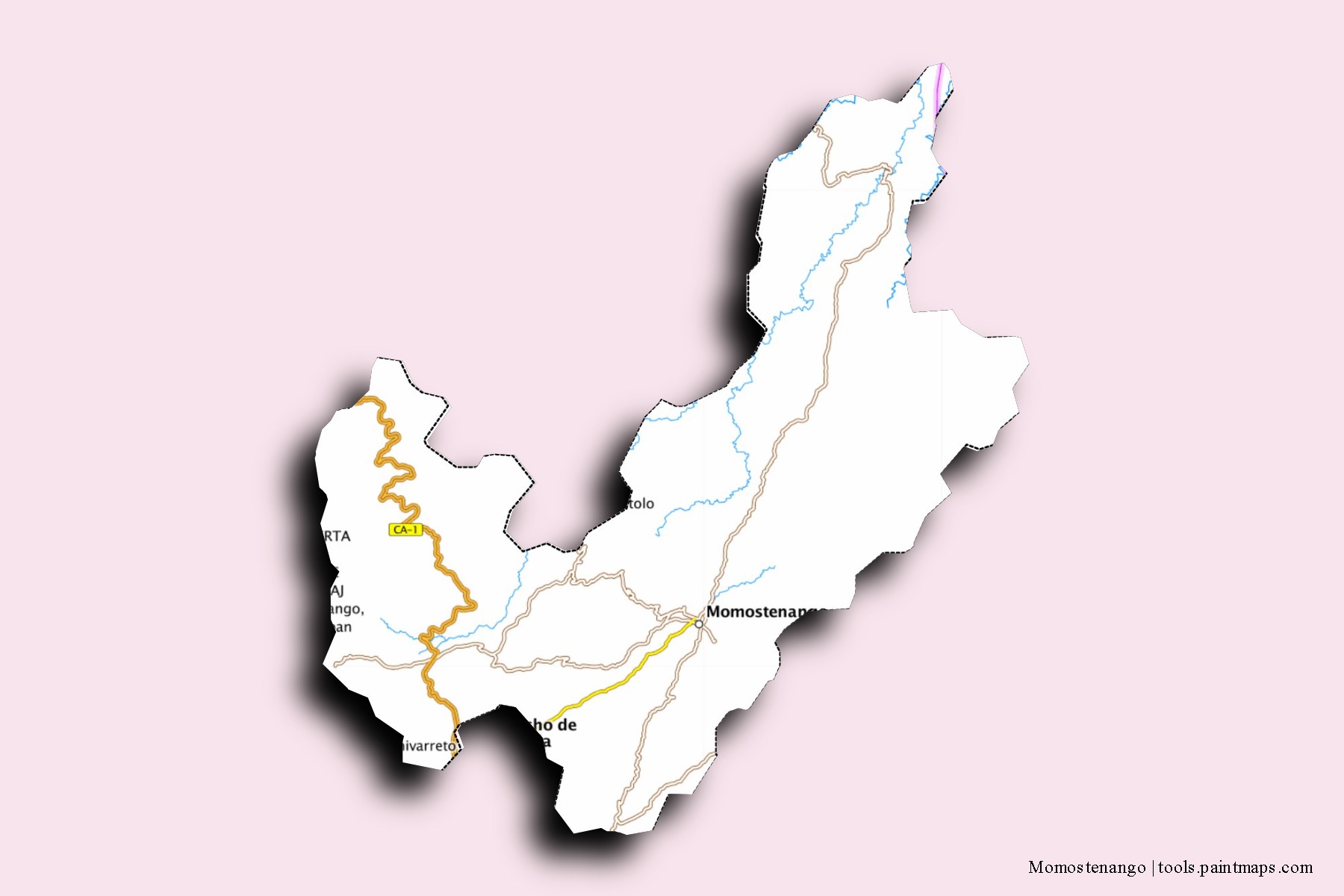 Mapa de barrios y pueblos de Momostenango con efecto de sombra 3D