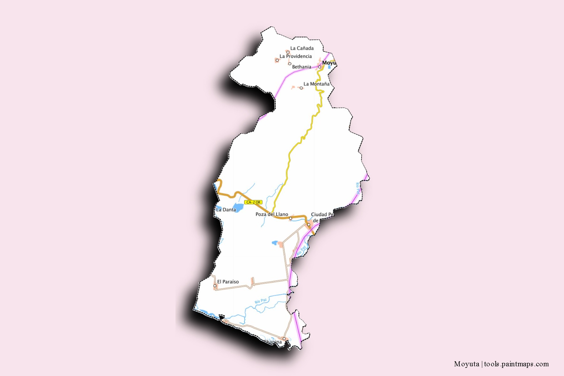 Mapa de barrios y pueblos de Moyuta con efecto de sombra 3D