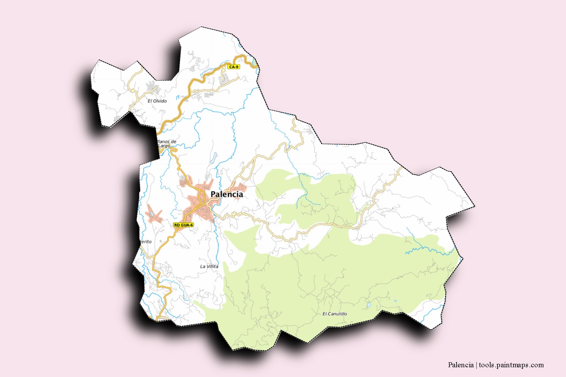 Mapa de barrios y pueblos de Palencia con efecto de sombra 3D