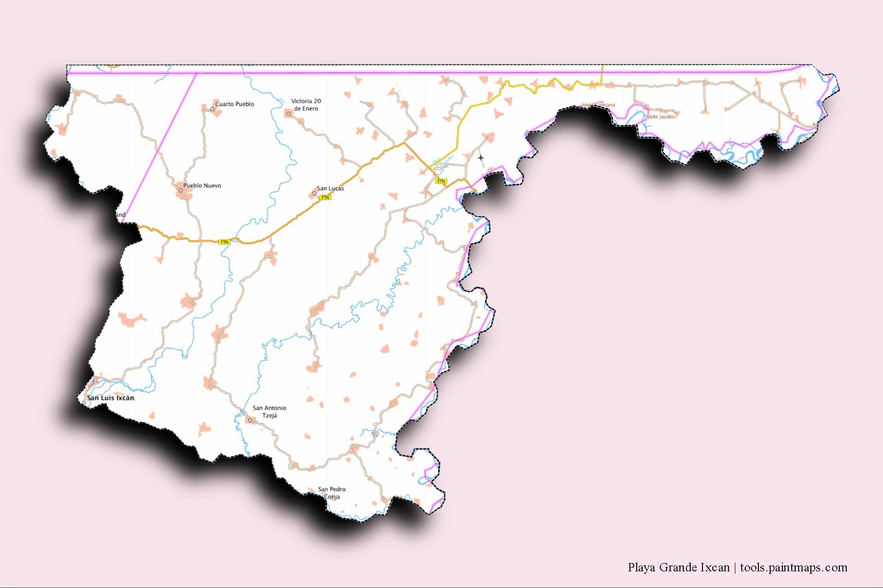 3D gölge efektli Playa Grande Ixcan mahalleleri ve köyleri haritası