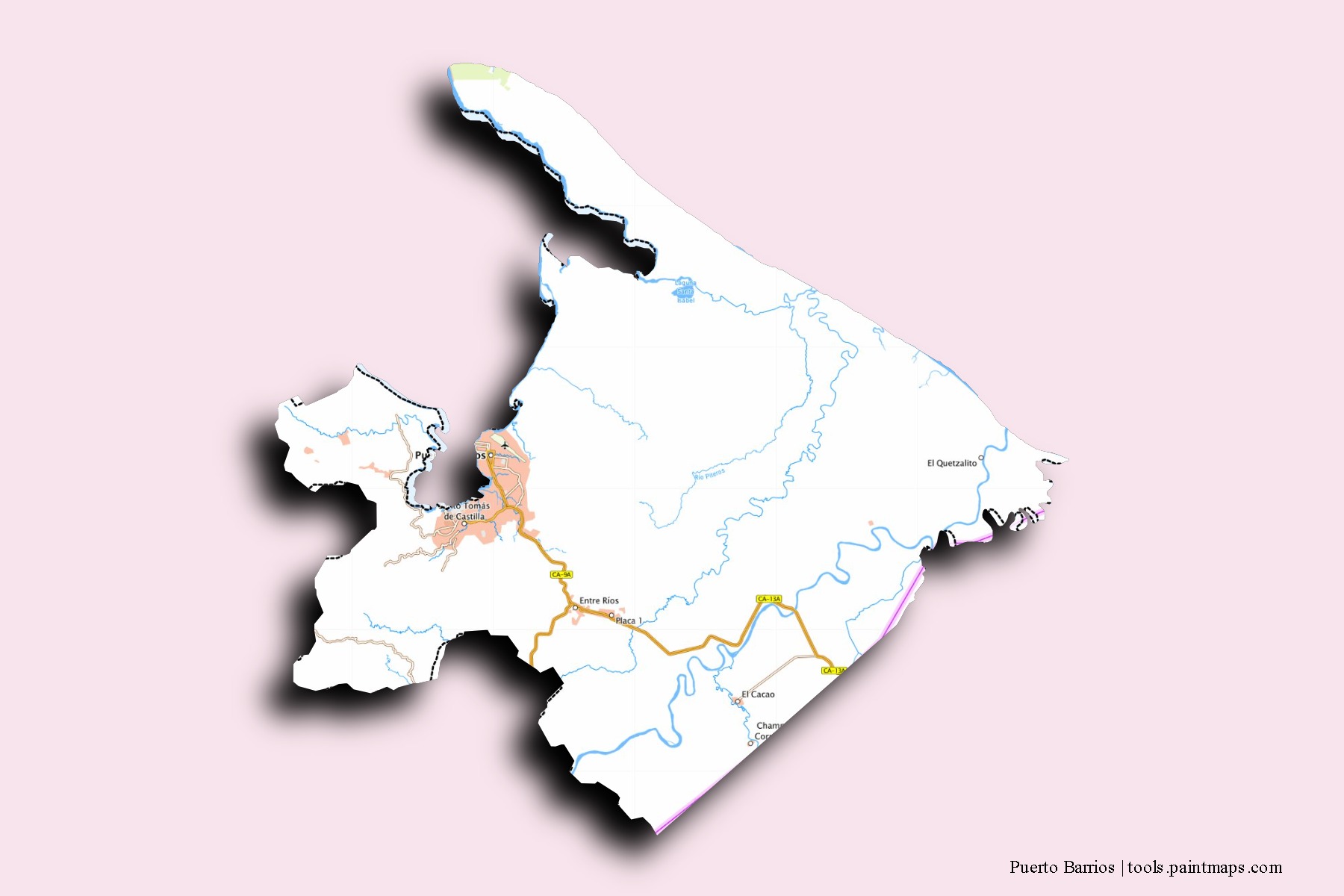 Puerto Barrios neighborhoods and villages map with 3D shadow effect