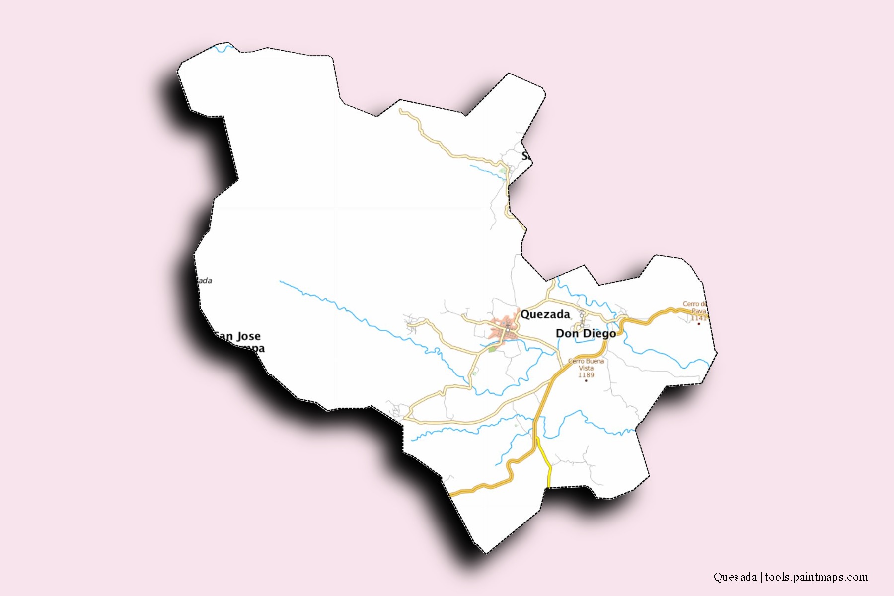 Mapa de barrios y pueblos de Quesada con efecto de sombra 3D