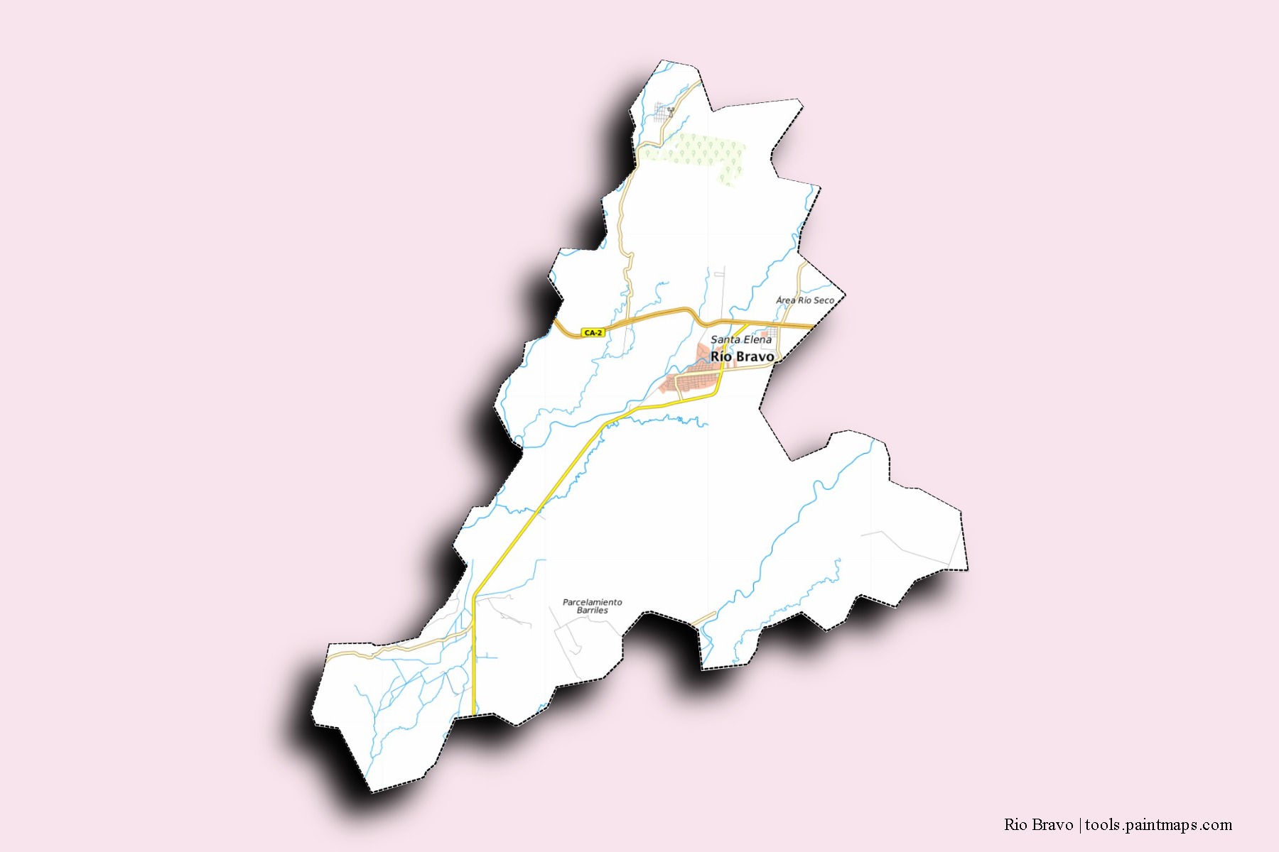 Mapa de barrios y pueblos de Rio Bravo con efecto de sombra 3D