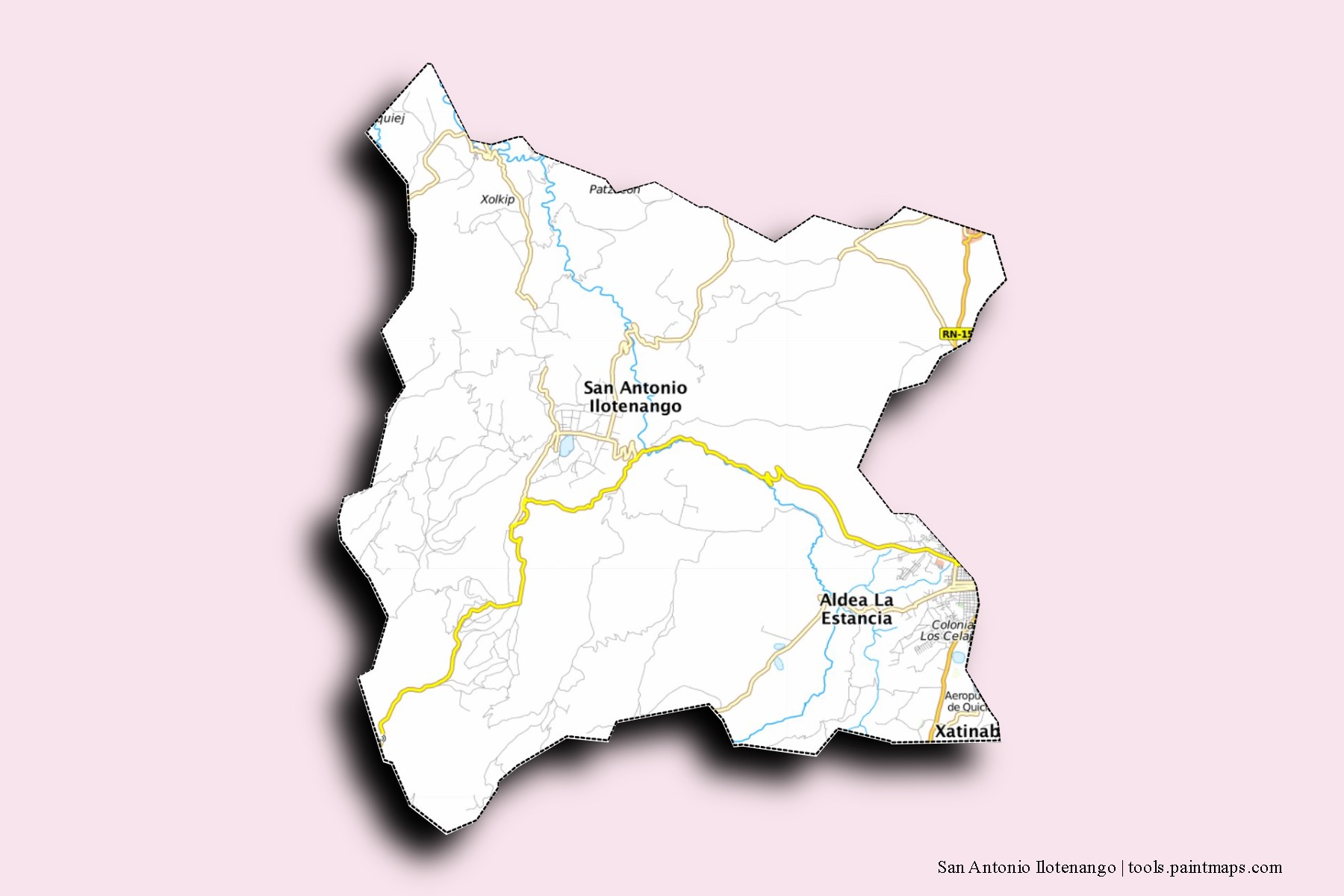 Mapa de barrios y pueblos de San Antonio Ilotenango con efecto de sombra 3D