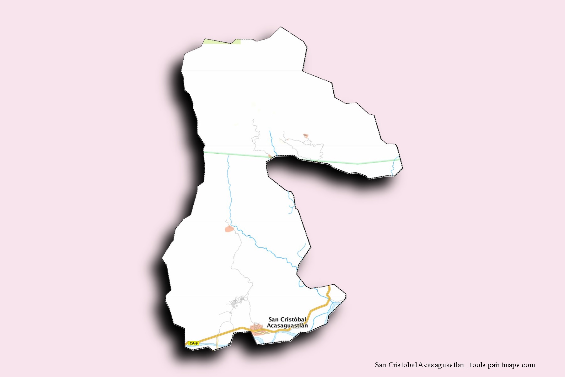 Mapa de barrios y pueblos de San Cristobal Acasaguastlan con efecto de sombra 3D