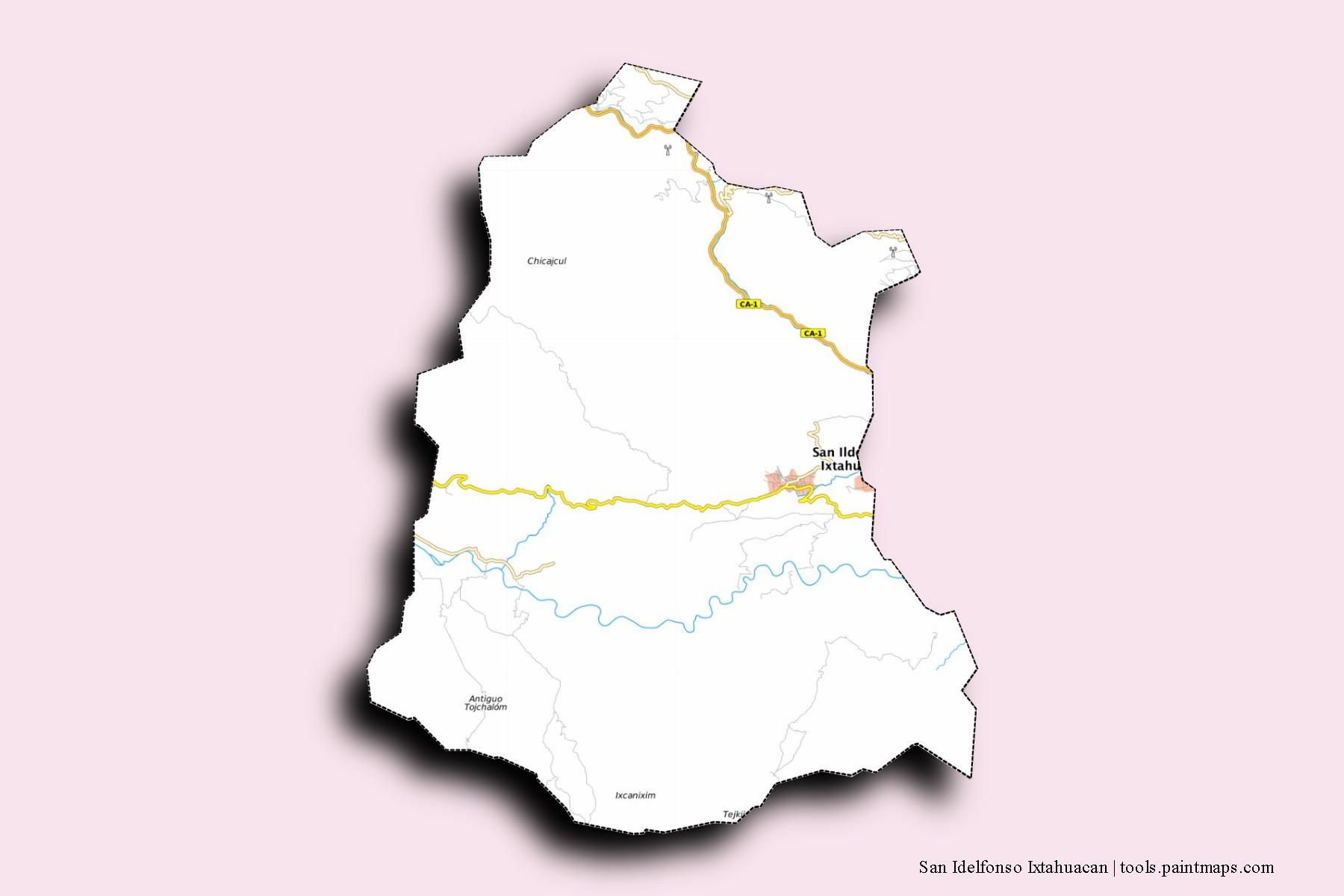 Mapa de barrios y pueblos de San Idelfonso Ixtahuacan con efecto de sombra 3D