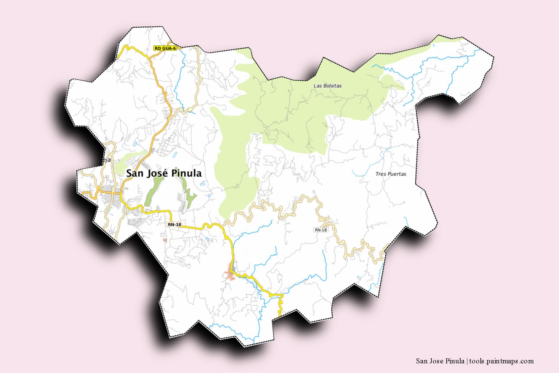 Mapa de barrios y pueblos de San Jose Pinula con efecto de sombra 3D