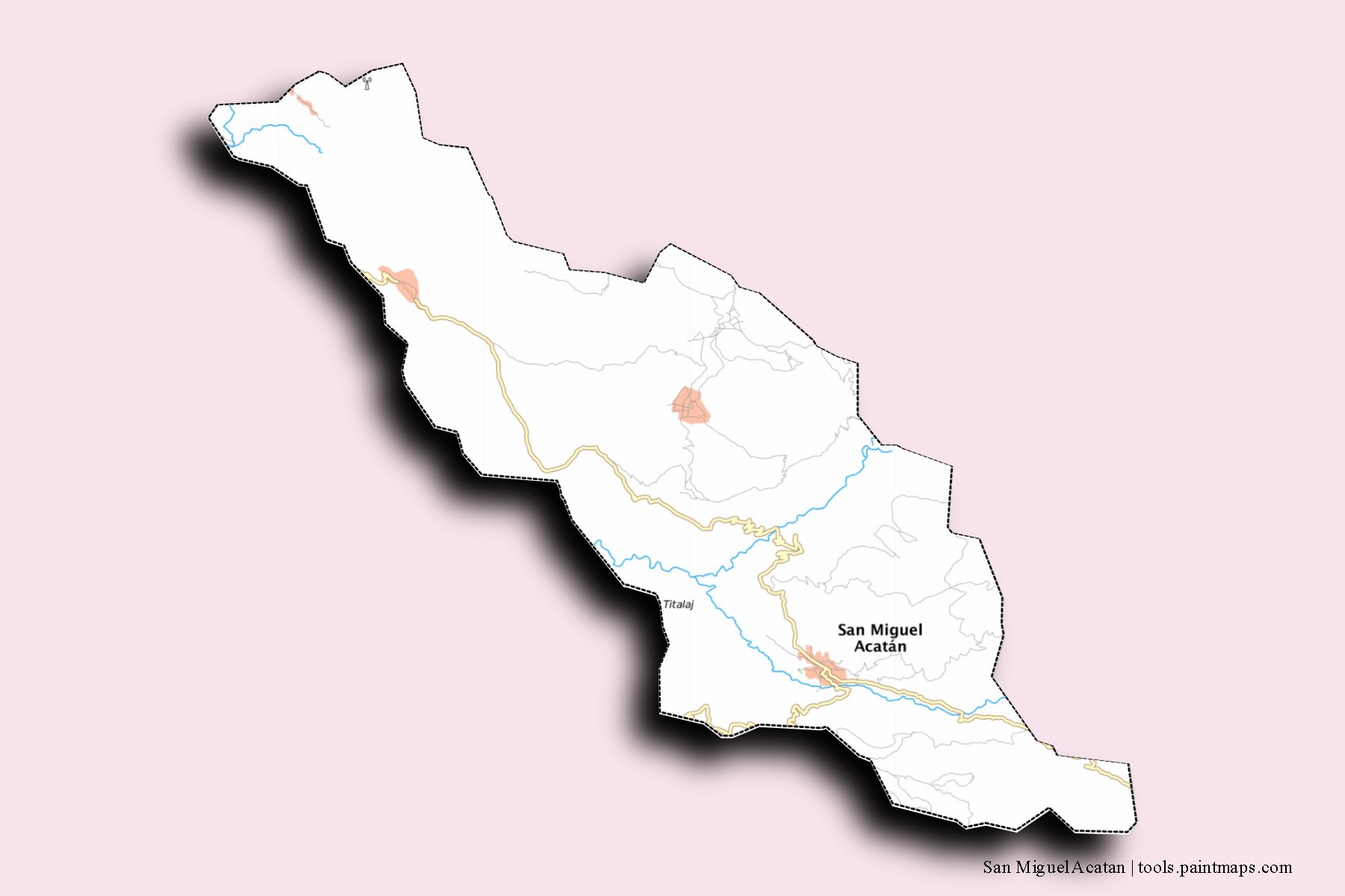 Mapa de barrios y pueblos de San Miguel Acatan con efecto de sombra 3D