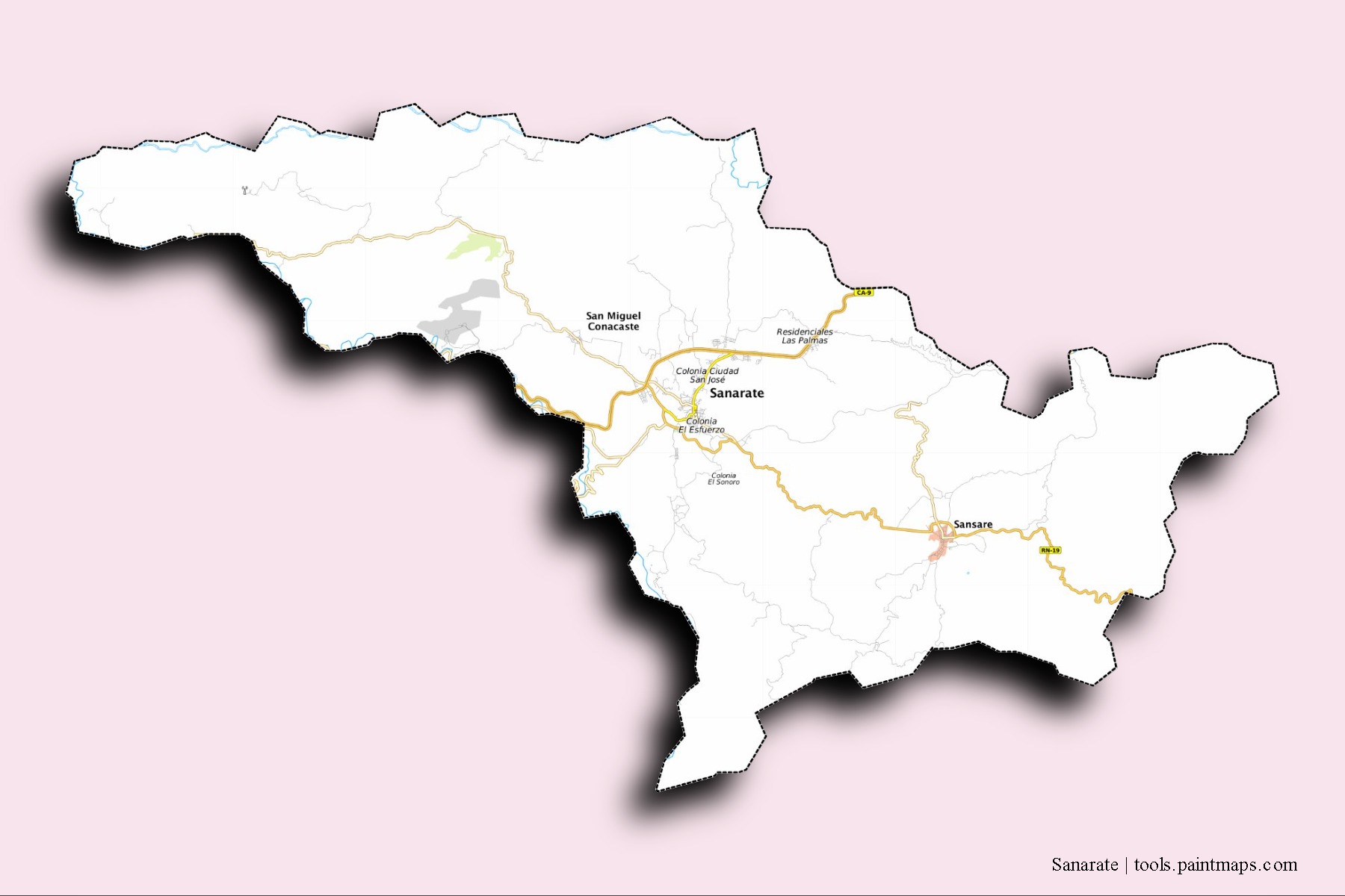 Mapa de barrios y pueblos de Sanarate con efecto de sombra 3D