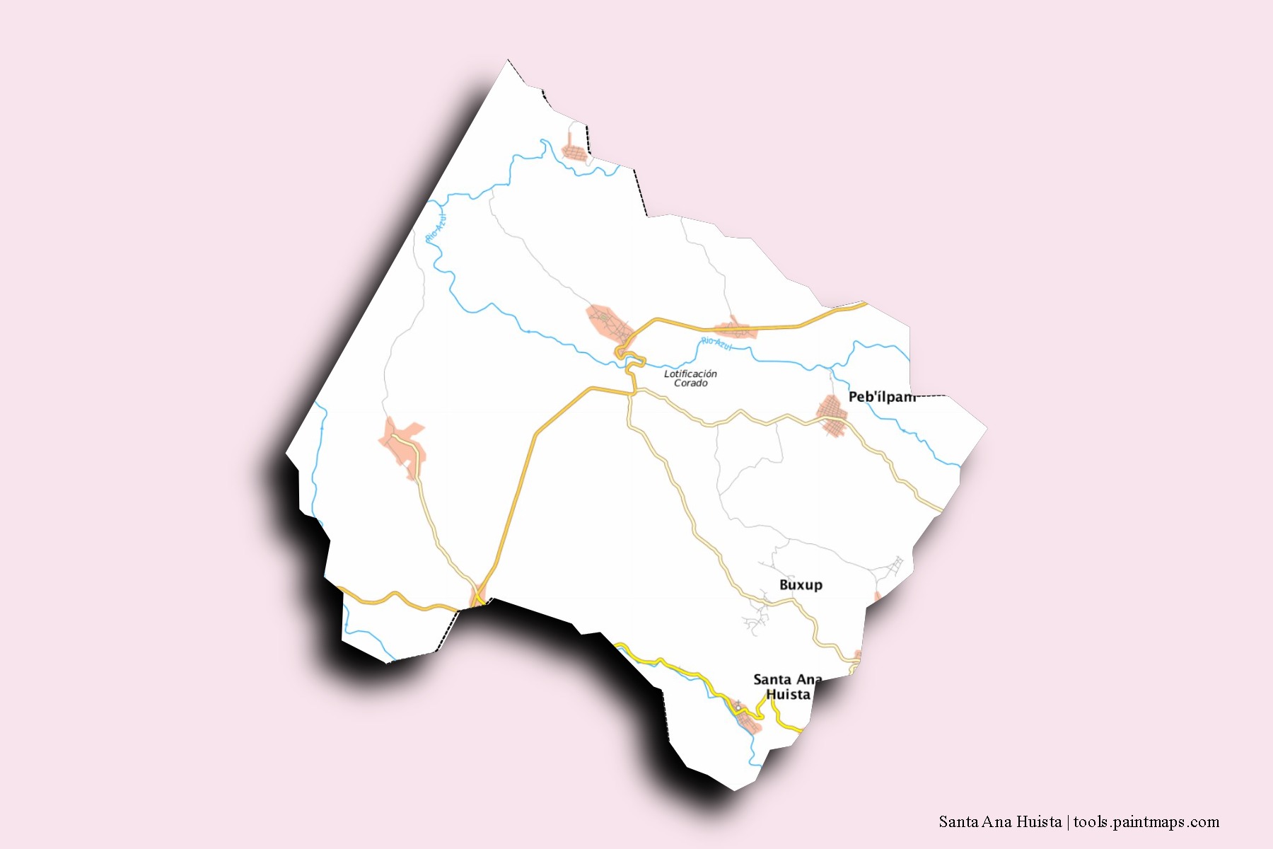 Mapa de barrios y pueblos de Santa Ana Huista con efecto de sombra 3D