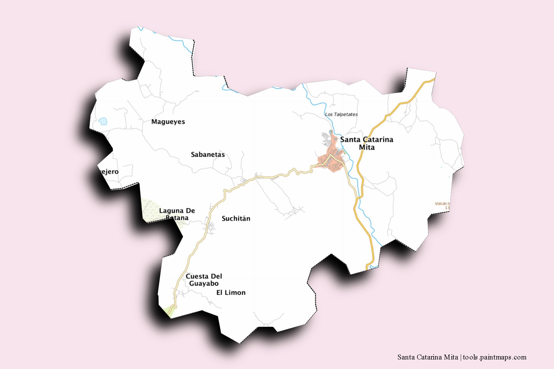 Mapa de barrios y pueblos de Santa Catarina Mita con efecto de sombra 3D