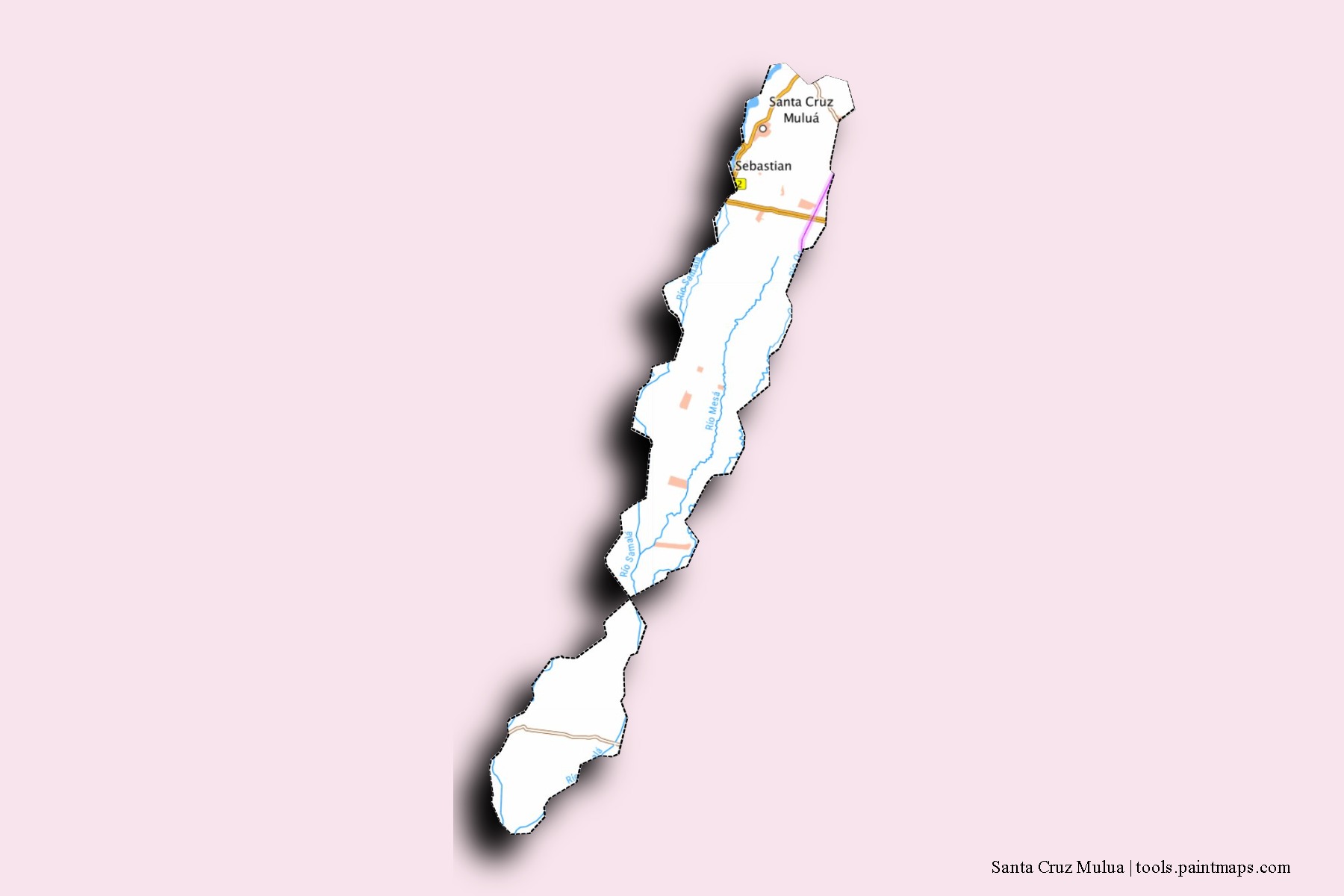 Mapa de barrios y pueblos de Santa Cruz Mulua con efecto de sombra 3D