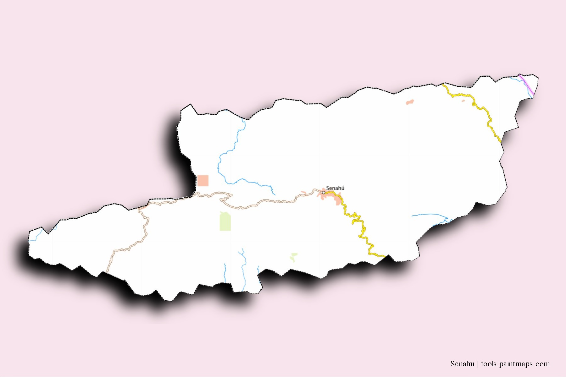 Mapa de barrios y pueblos de Senahu con efecto de sombra 3D