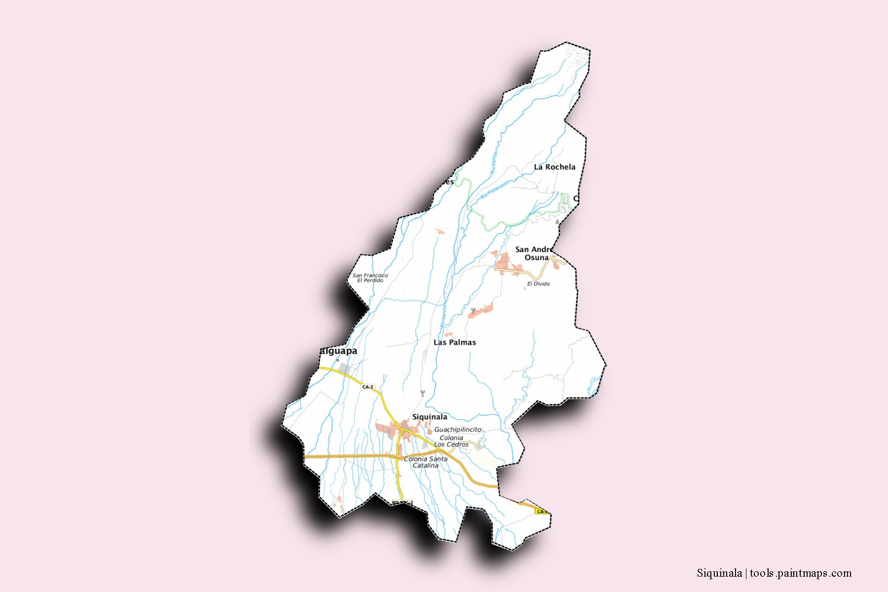 Mapa de barrios y pueblos de Siquinala con efecto de sombra 3D